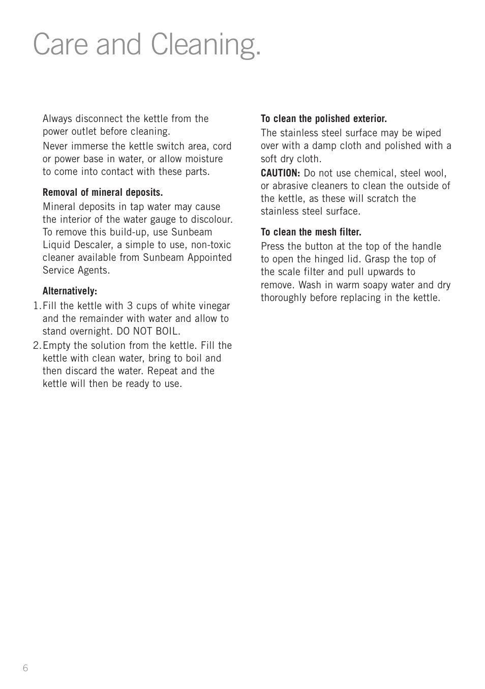 Care and cleaning | Sunbeam KE8510 User Manual | Page 8 / 10