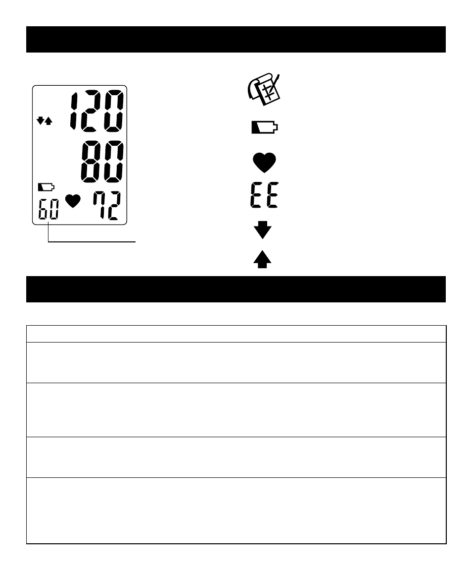 Description of display symbols troubleshooting | Sunbeam Semi-Automatic Blood Pressure Monitor with Memory User Manual | Page 12 / 14