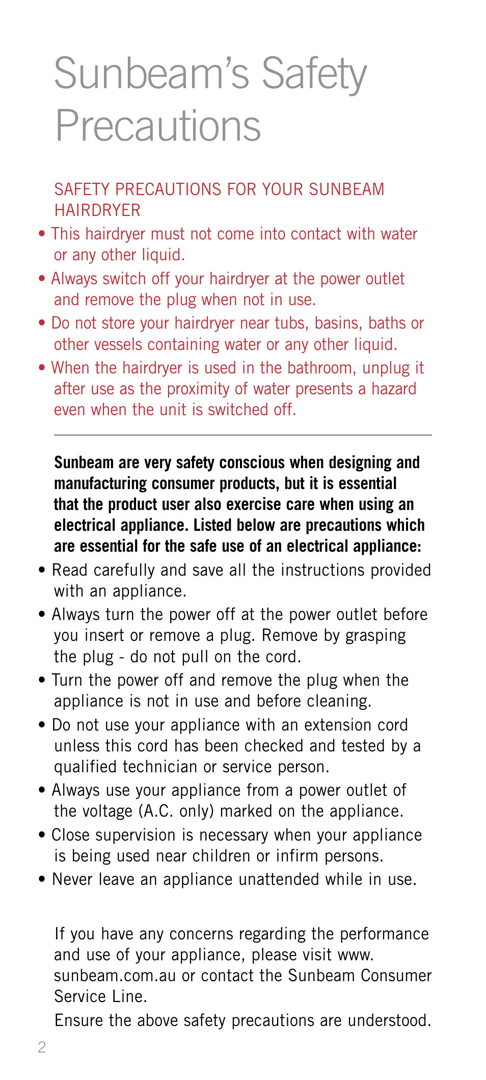 Sunbeam’s safety precautions | Sunbeam HD1600 User Manual | Page 3 / 9