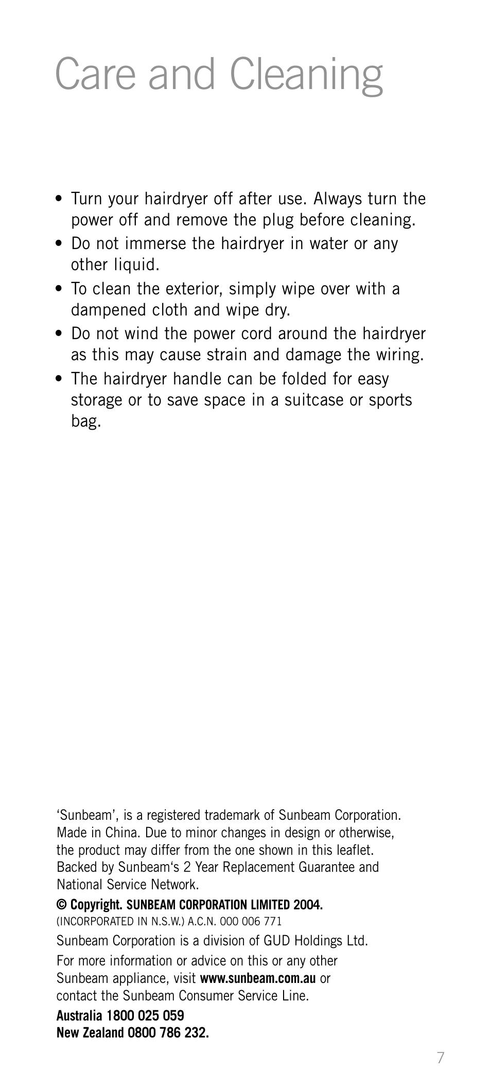 Care and cleaning | Sunbeam HD1600 User Manual | Page 8 / 9
