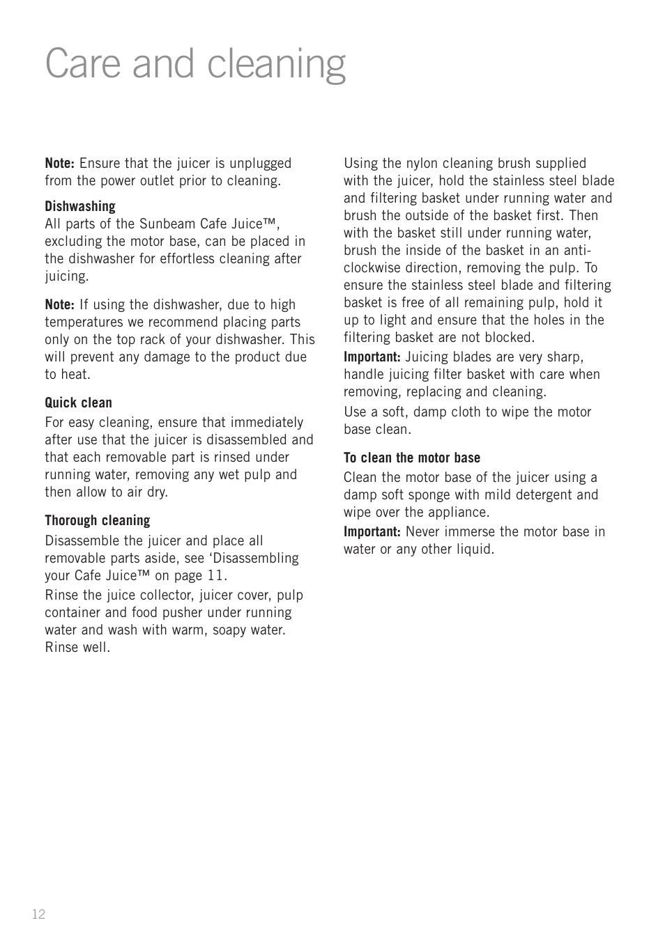 Care and cleaning | Sunbeam JE7600 User Manual | Page 14 / 24