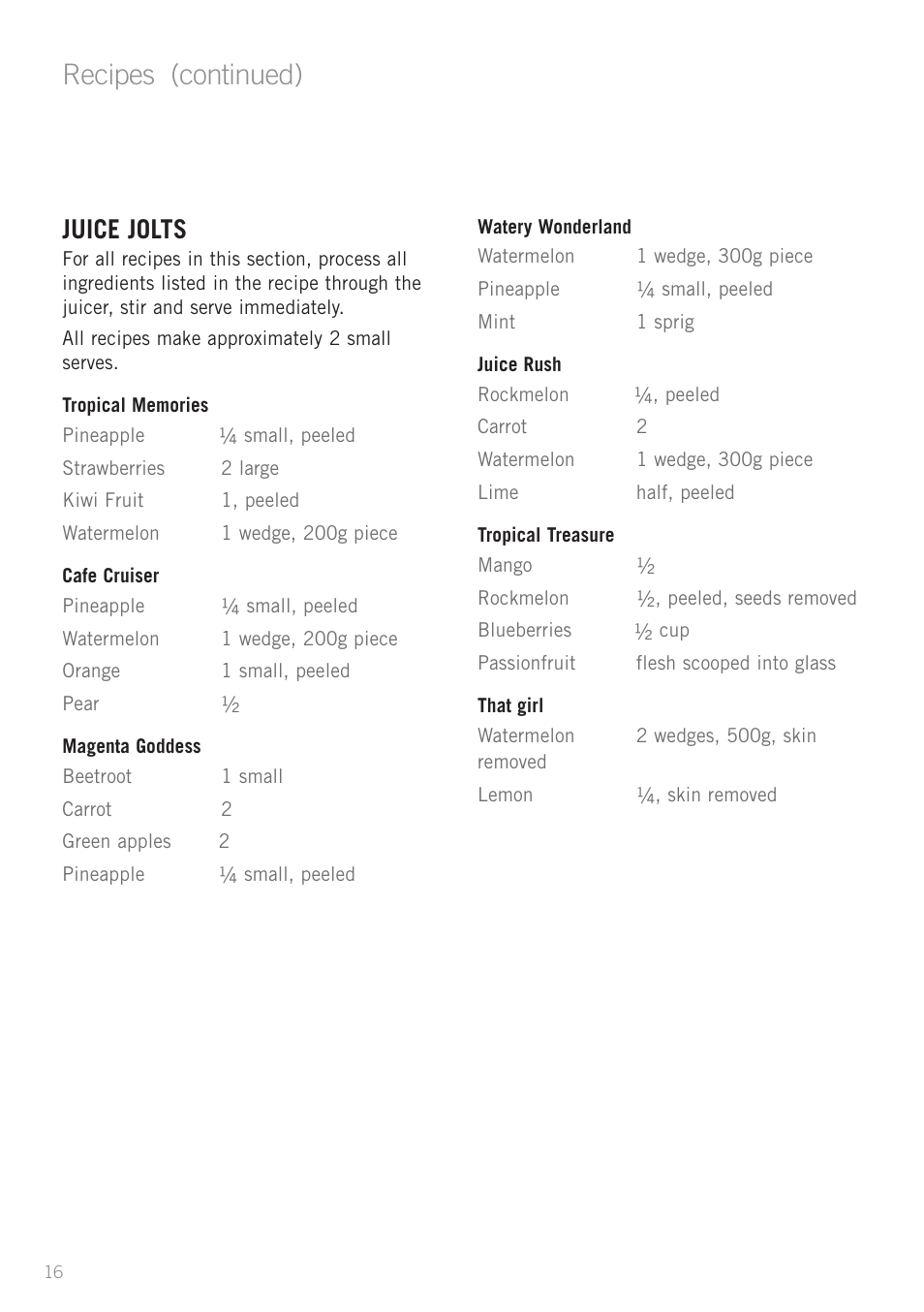 Recipes (continued), Juice jolts | Sunbeam JE7600 User Manual | Page 18 / 24