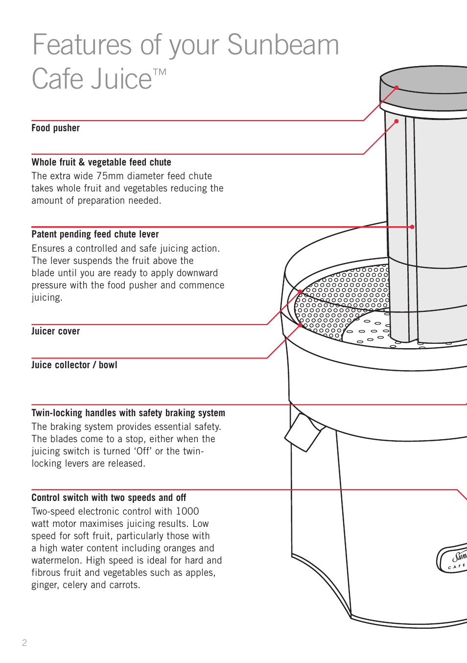 Features of your sunbeam cafe juice | Sunbeam JE7600 User Manual | Page 4 / 24