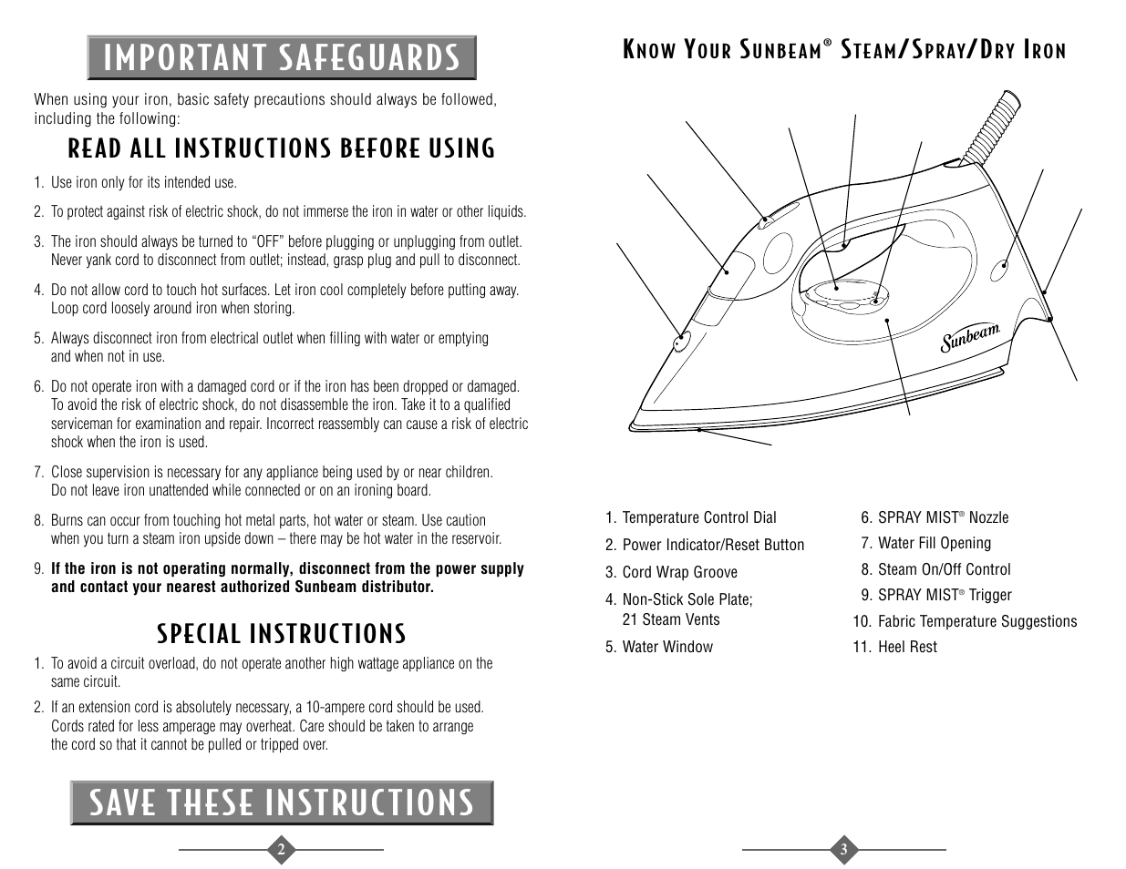 Important sa feguards save these instructions, Re ad all instructions before using, Special instruc tions | Sunbeam 3945 User Manual | Page 2 / 22