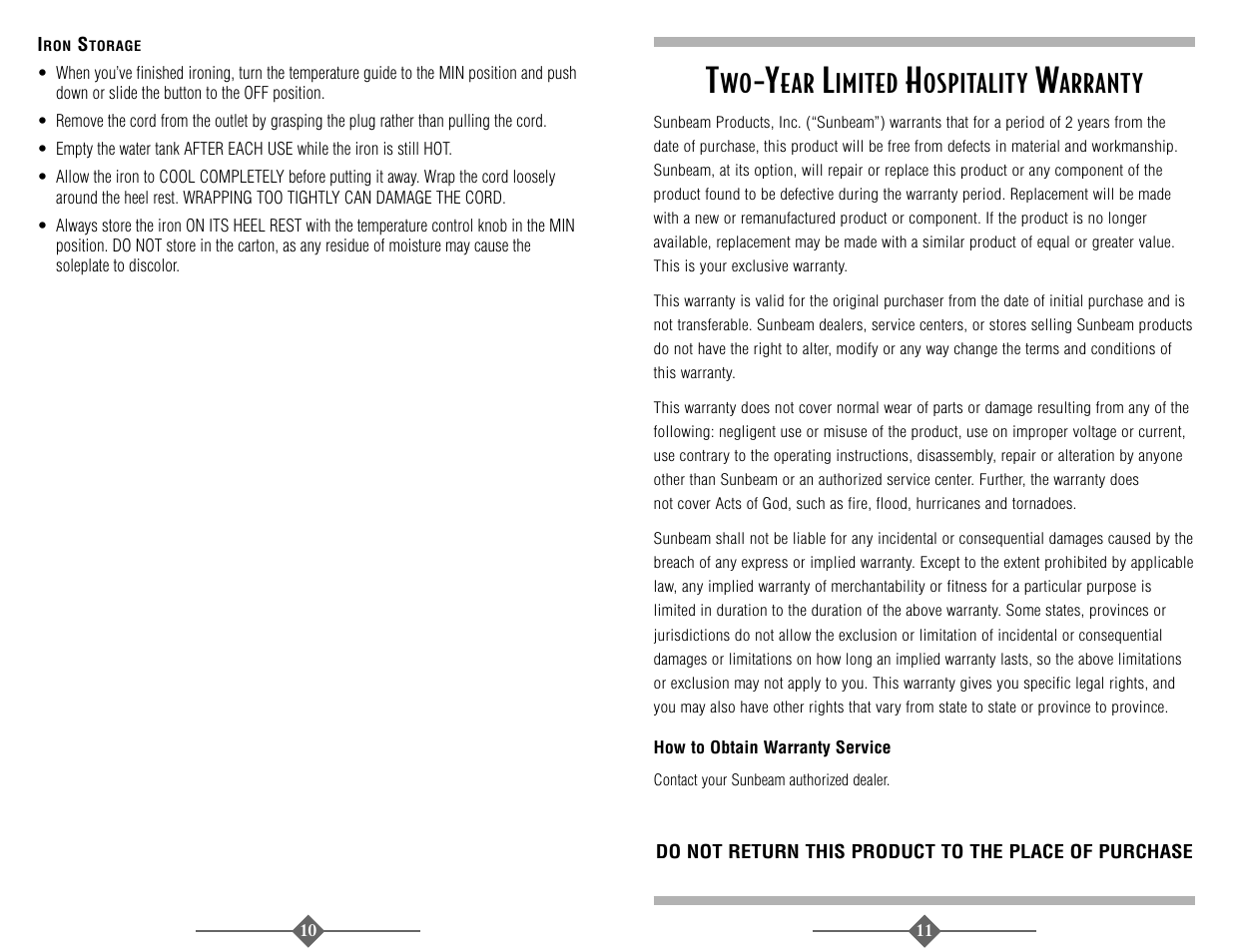 Imited, Ospitality, Arranty | Sunbeam 3945 User Manual | Page 6 / 22