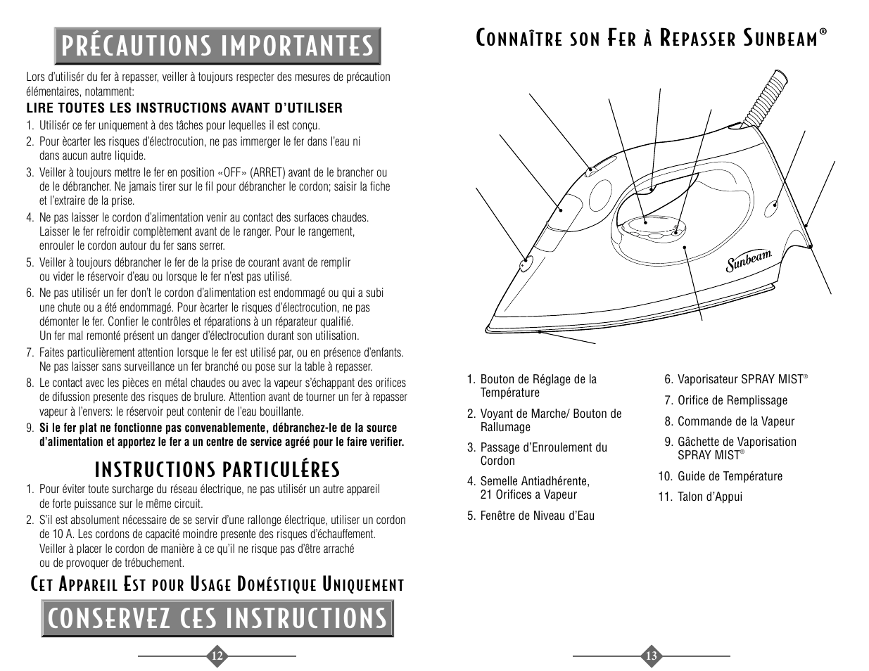 Instructions particuléres | Sunbeam 3945 User Manual | Page 7 / 22