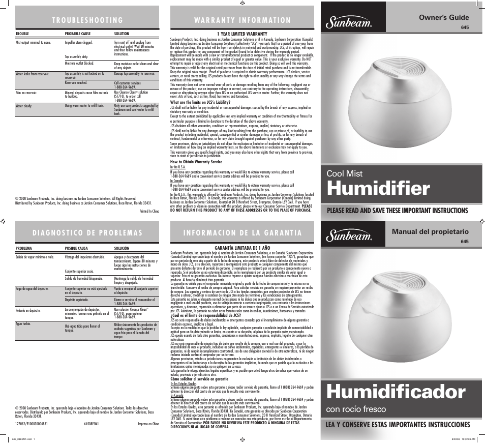 Sunbeam 645 User Manual | 2 pages