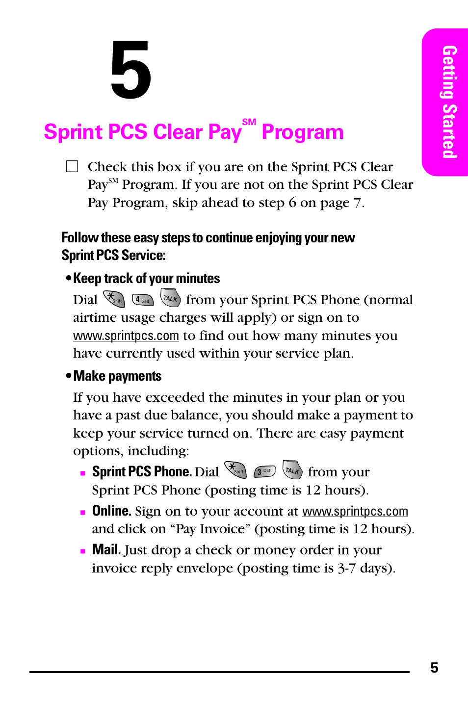 Sprint pcs clear pay, Program, Getting started | Samsung PM-A740 User Manual | Page 13 / 94