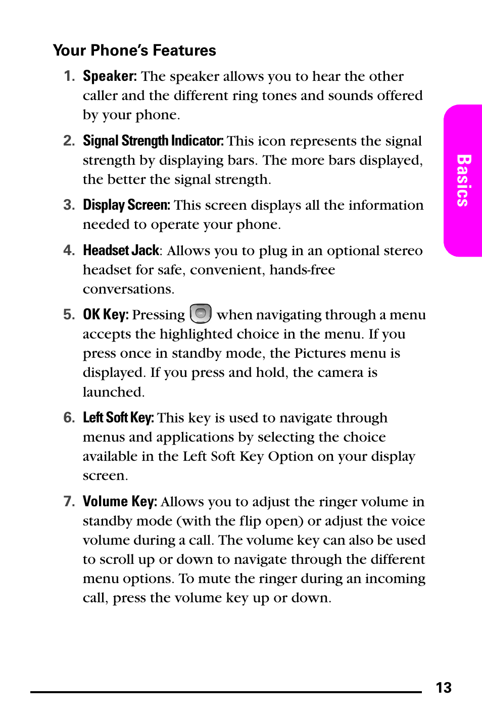 Your phone’s features, Basics | Samsung PM-A740 User Manual | Page 21 / 94