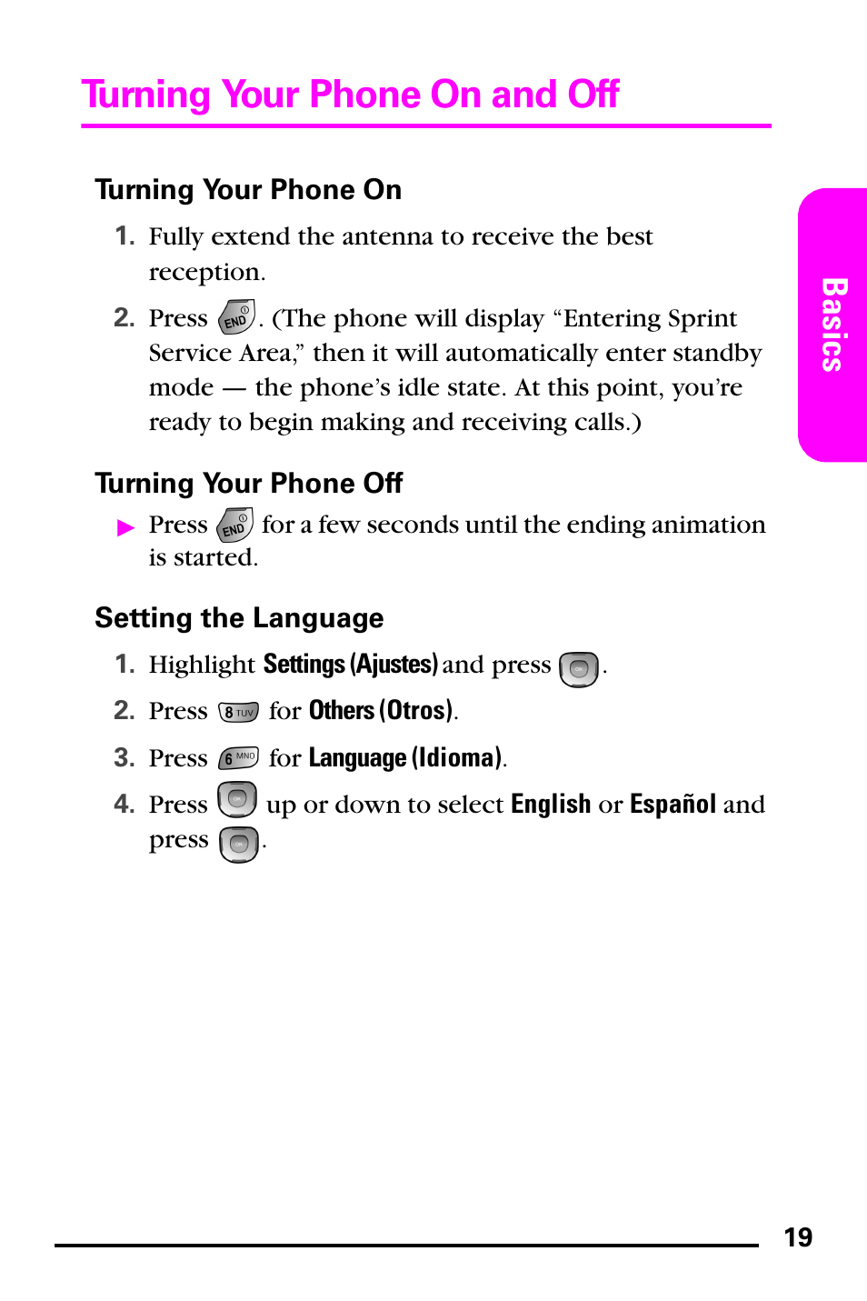 Turning your phone on, Turning your phone off, Setting the language | Turning your phone on and off, Basics | Samsung PM-A740 User Manual | Page 27 / 94