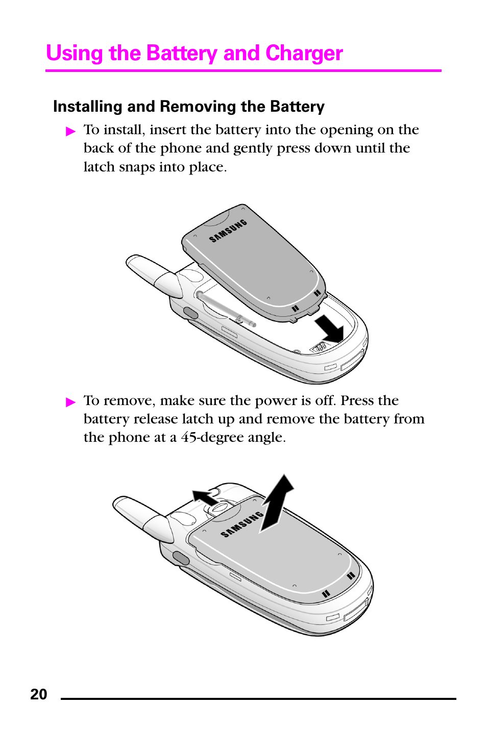 Installing and removing the battery, Using the battery and charger | Samsung PM-A740 User Manual | Page 28 / 94