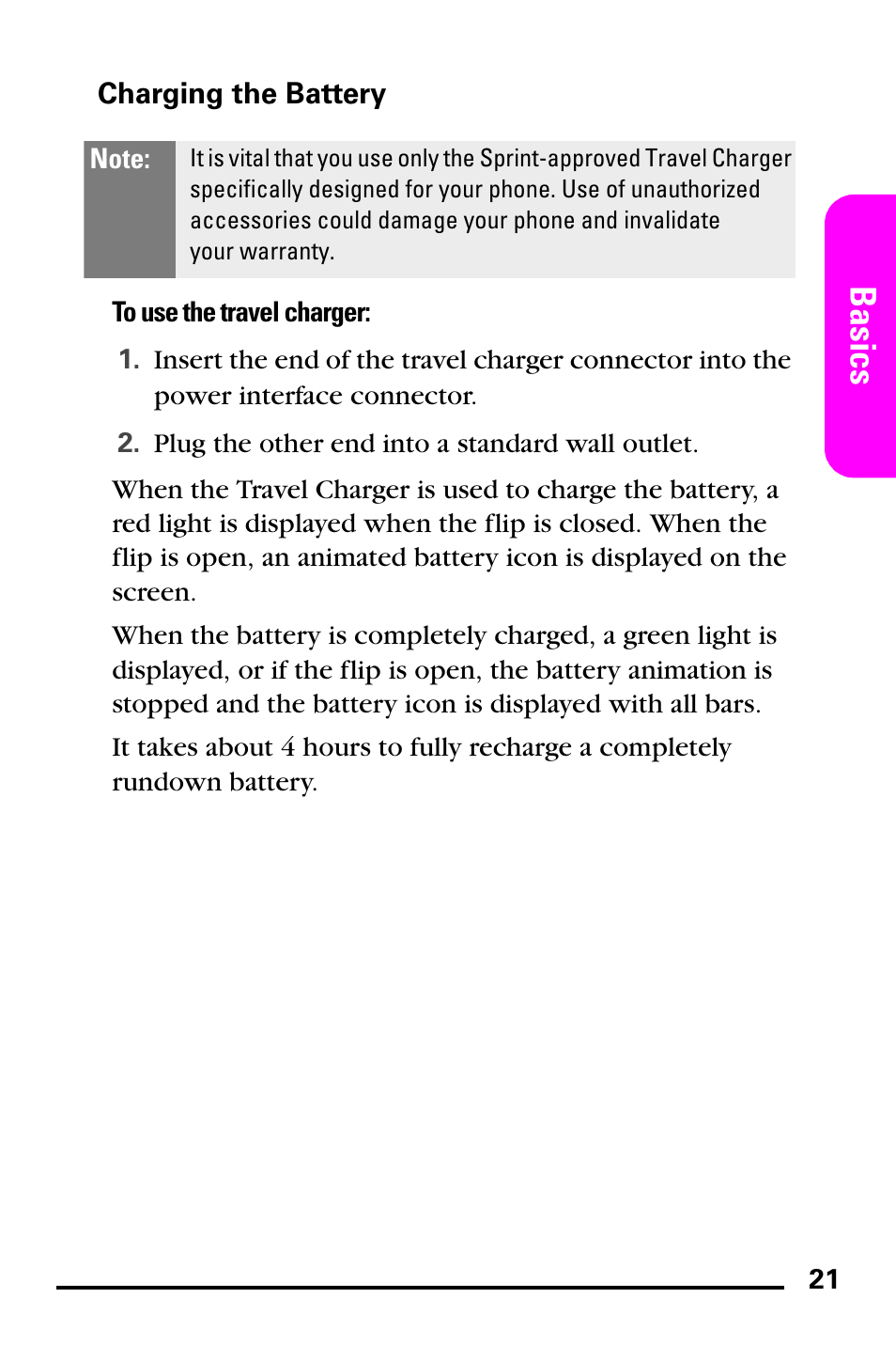 Charging the battery, Basics | Samsung PM-A740 User Manual | Page 29 / 94