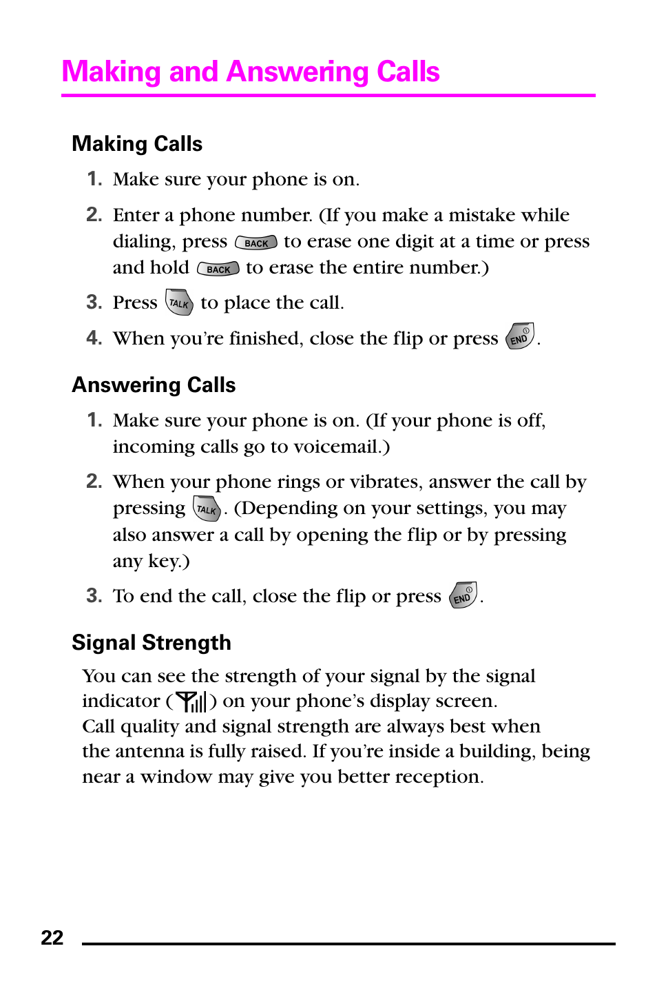 Making calls, Answering calls, Signal strength | Making and answering calls | Samsung PM-A740 User Manual | Page 30 / 94