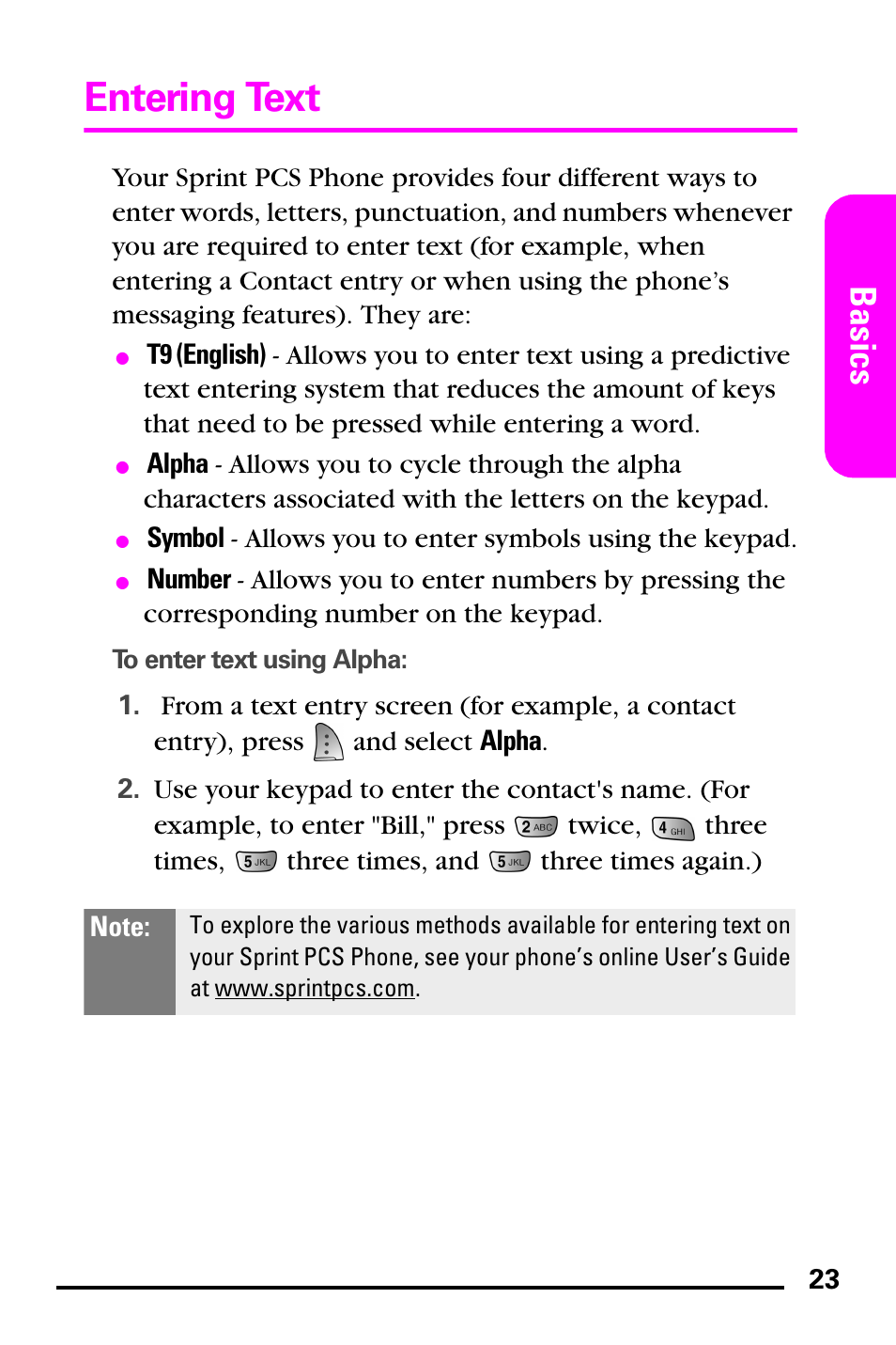 Entering text, Basics | Samsung PM-A740 User Manual | Page 31 / 94