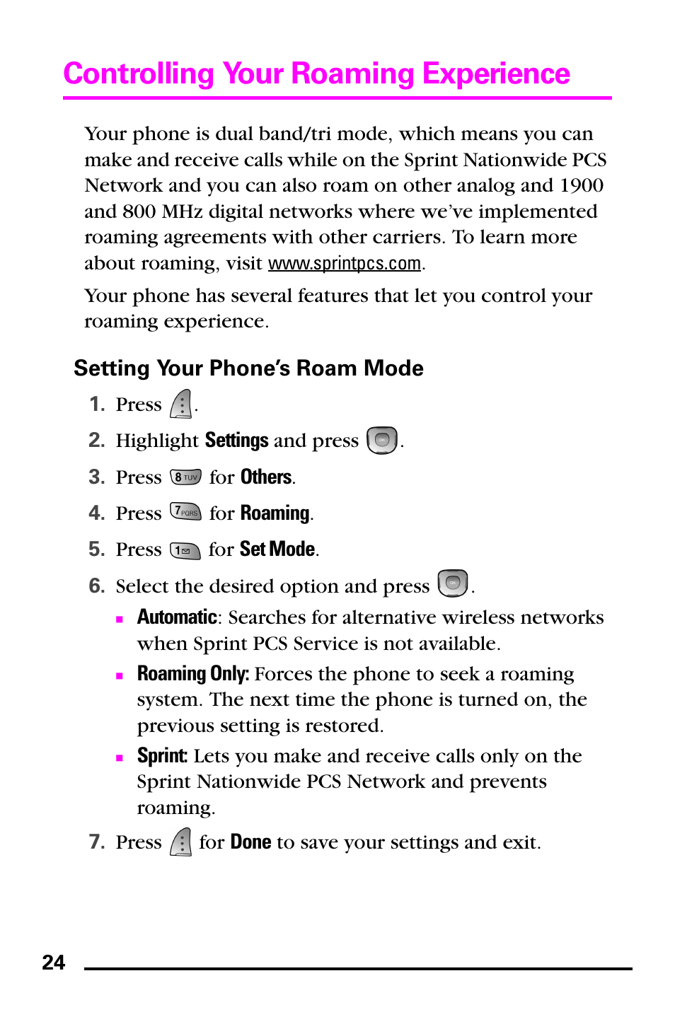 Setting your phone’s roam mode, Controlling your roaming experience | Samsung PM-A740 User Manual | Page 32 / 94