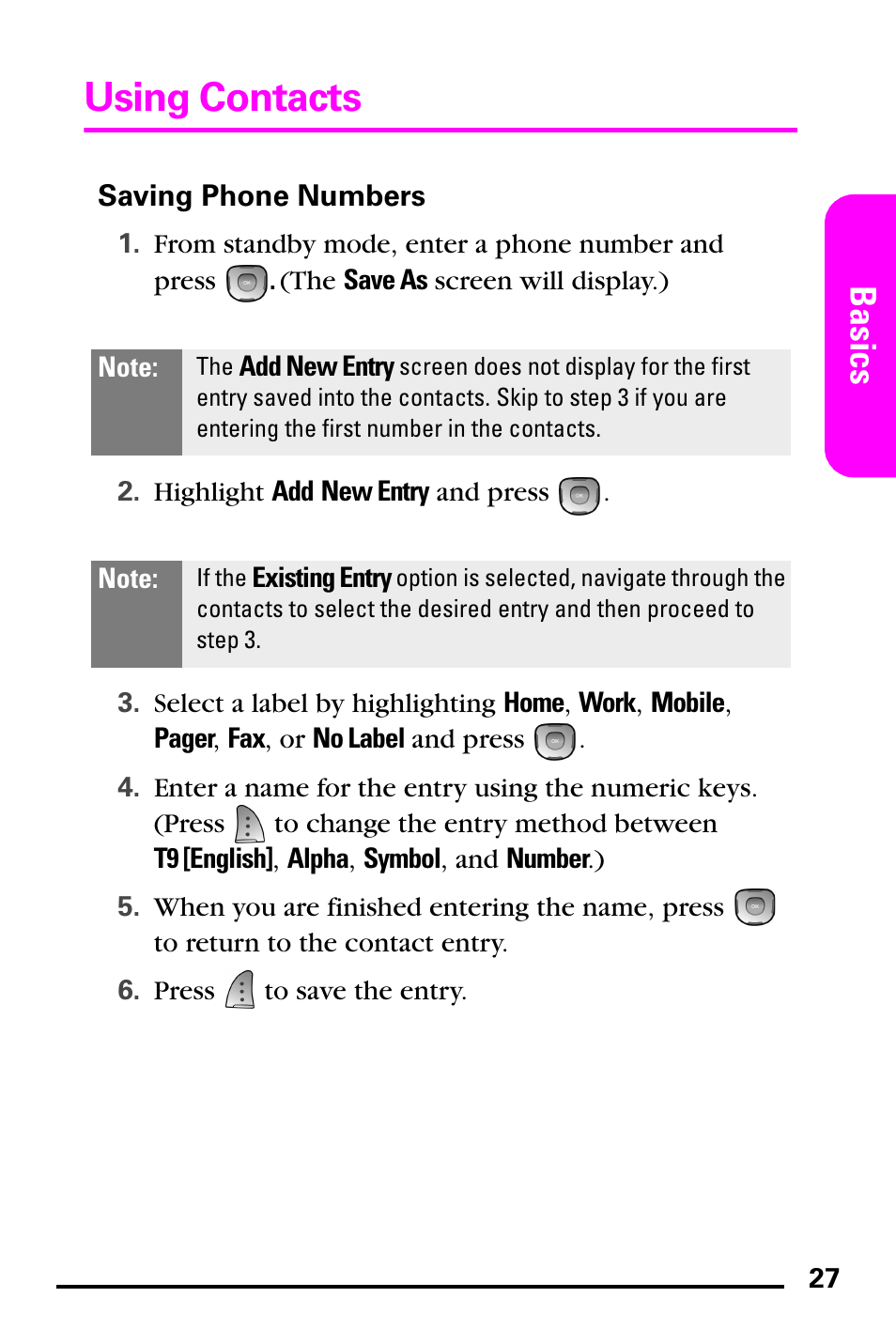 Saving phone numbers, Using contacts, Basics | Samsung PM-A740 User Manual | Page 35 / 94