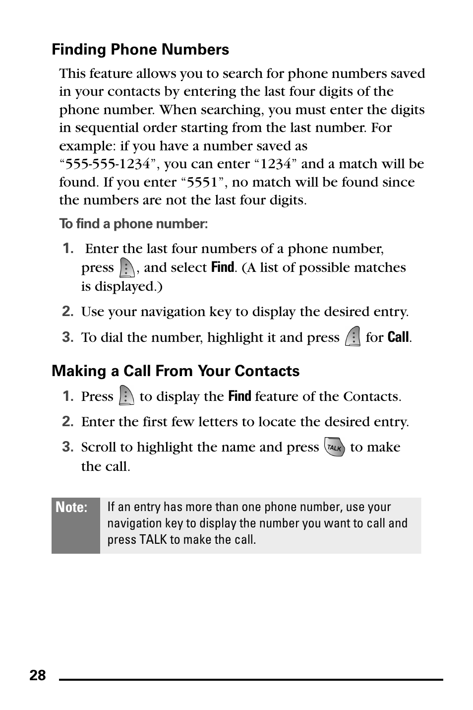 Finding phone numbers, Making a call from your contacts | Samsung PM-A740 User Manual | Page 36 / 94