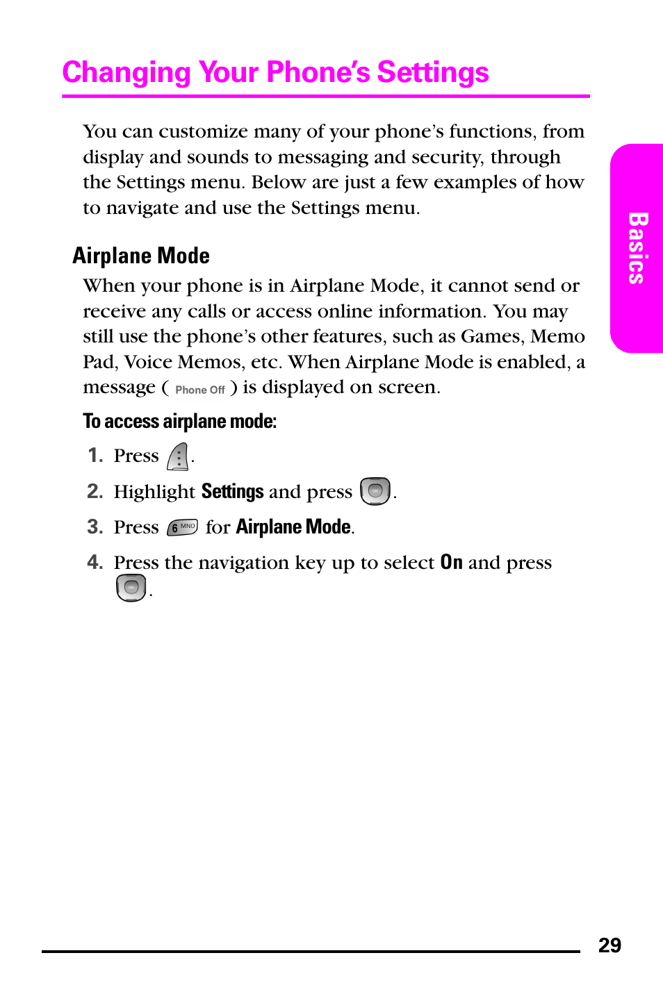 Airplane mode, Changing your phone’s settings, Basics | Samsung PM-A740 User Manual | Page 37 / 94