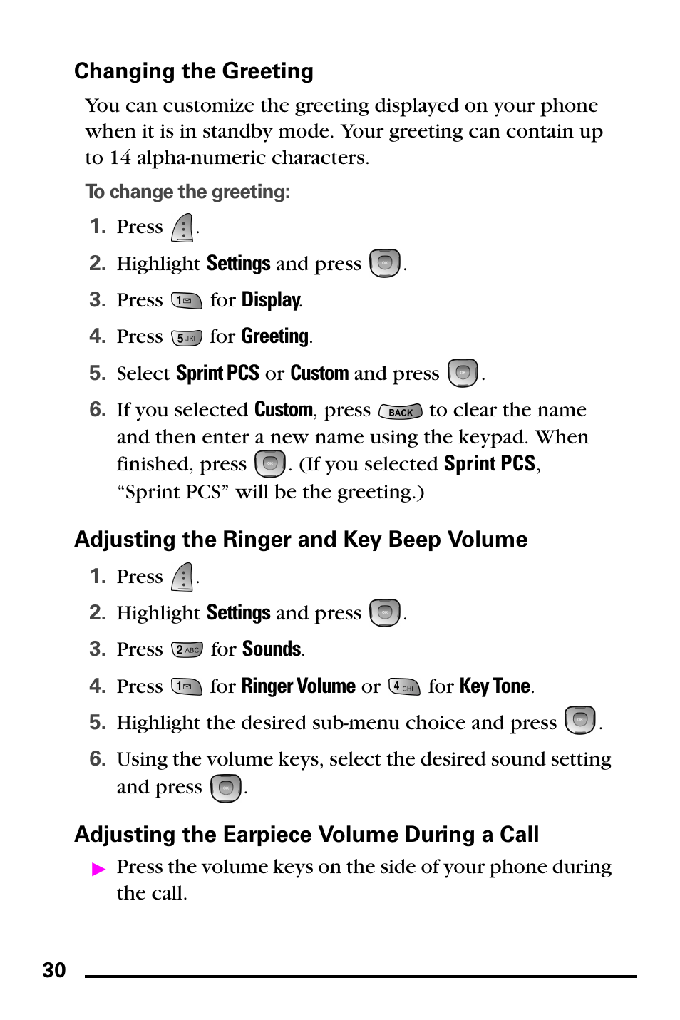 Changing the greeting, Adjusting the ringer and key beep volume, Adjusting the earpiece volume during a call | Samsung PM-A740 User Manual | Page 38 / 94