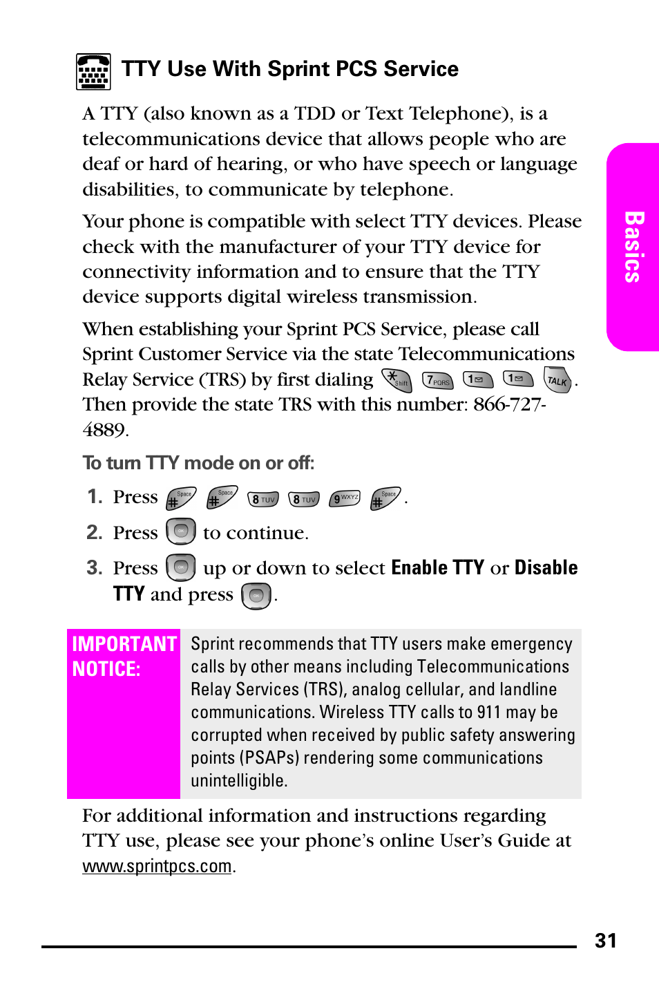 Tty use with sprint pcs service, Basics | Samsung PM-A740 User Manual | Page 39 / 94