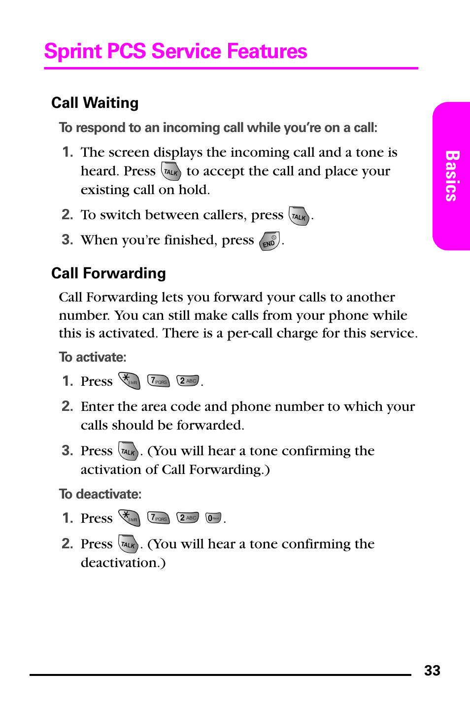 Call waiting, Call forwarding, Sprint pcs service features | Basics | Samsung PM-A740 User Manual | Page 41 / 94