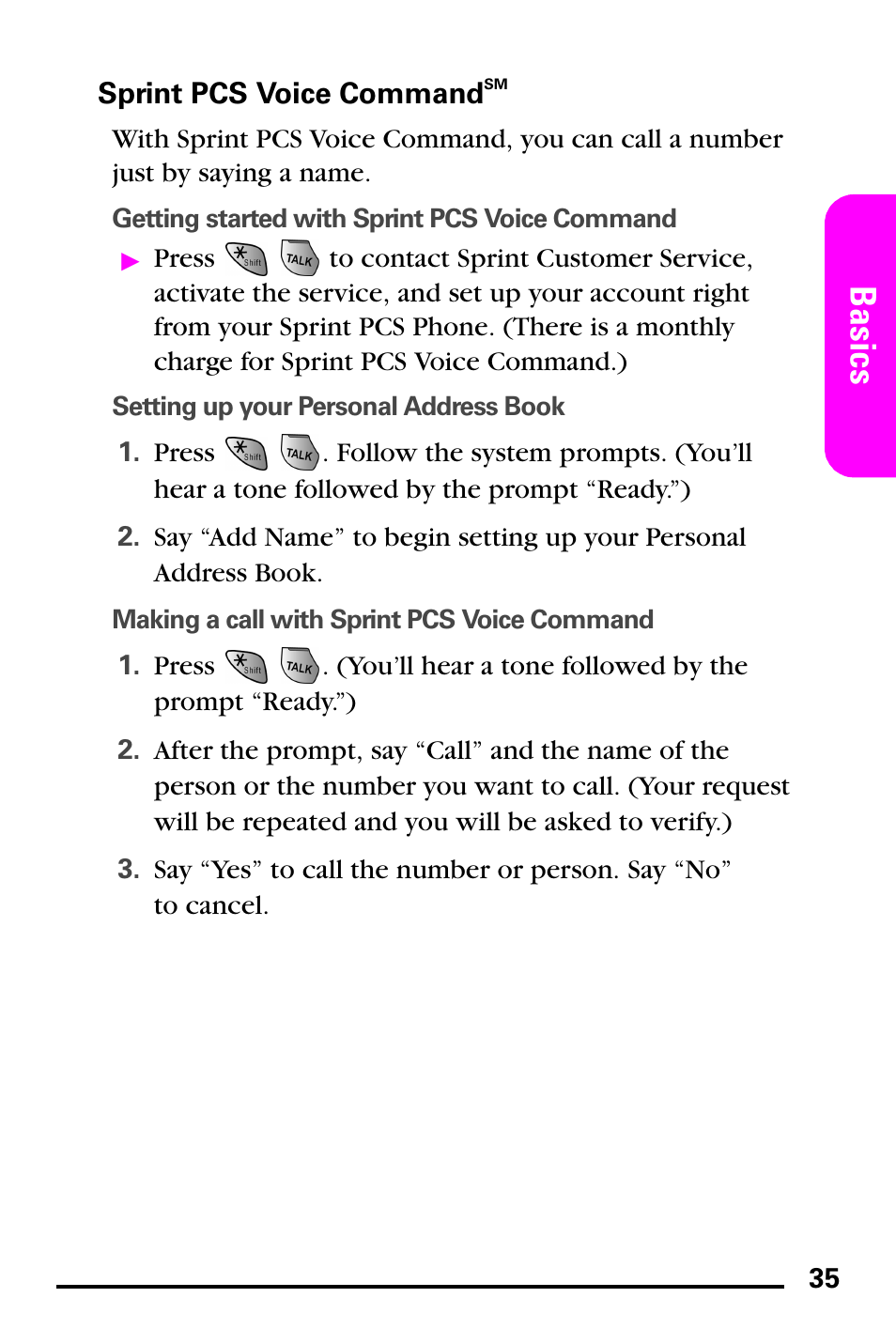 Sprint pcs voice commandsm, Sprint pcs voice command, Basics | Samsung PM-A740 User Manual | Page 43 / 94