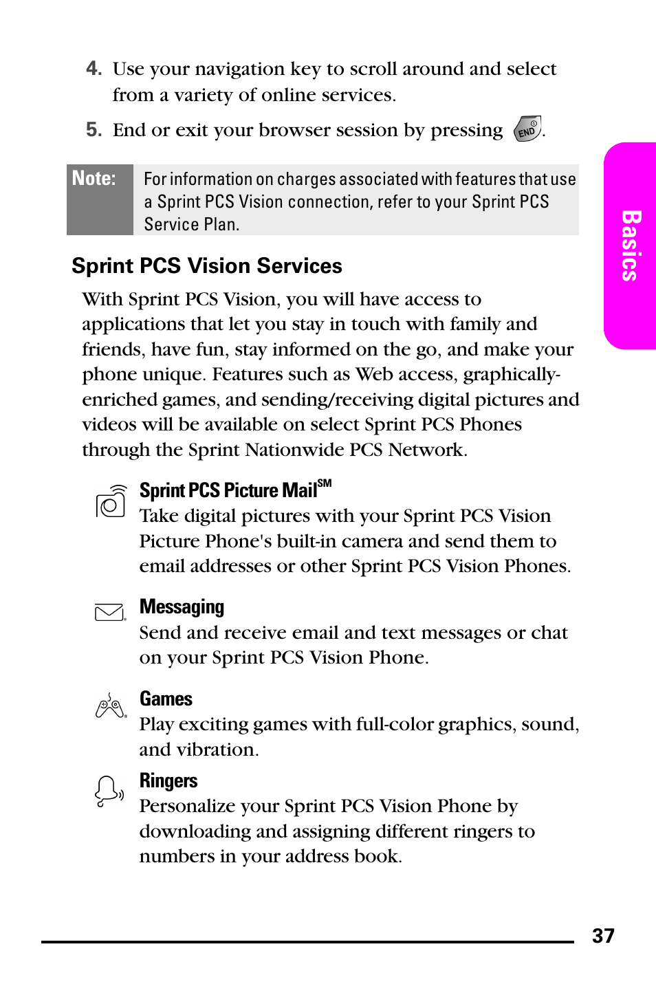Sprint pcs vision services, Basics | Samsung PM-A740 User Manual | Page 45 / 94