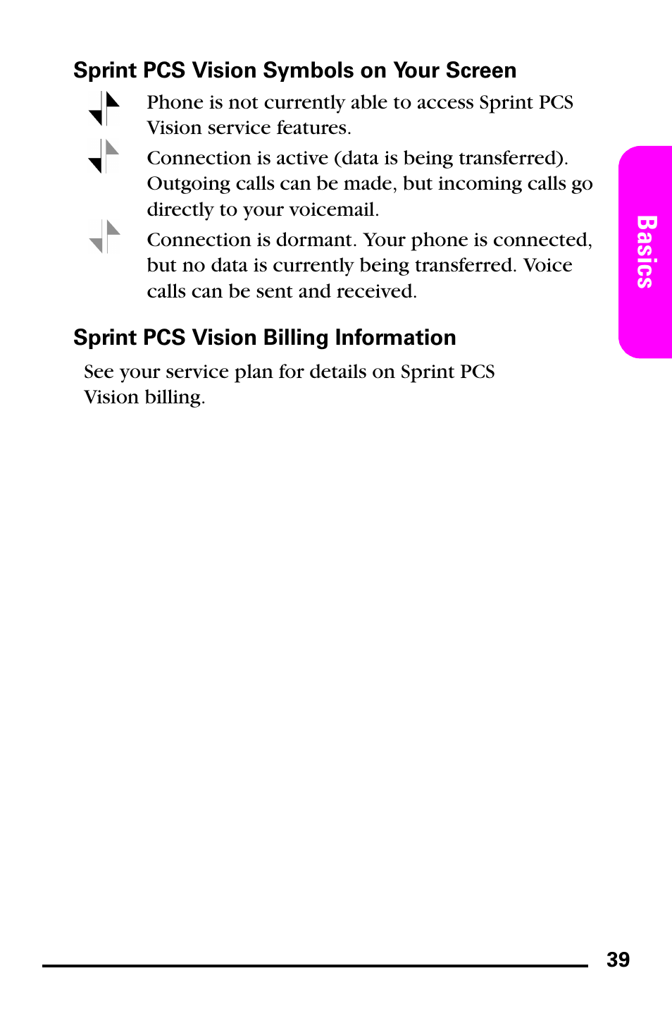 Sprint pcs vision symbols on your screen, Sprint pcs vision billing information, Basics | Samsung PM-A740 User Manual | Page 47 / 94