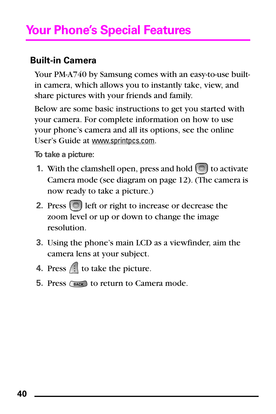 Built-in camera, Your phone’s special features | Samsung PM-A740 User Manual | Page 48 / 94