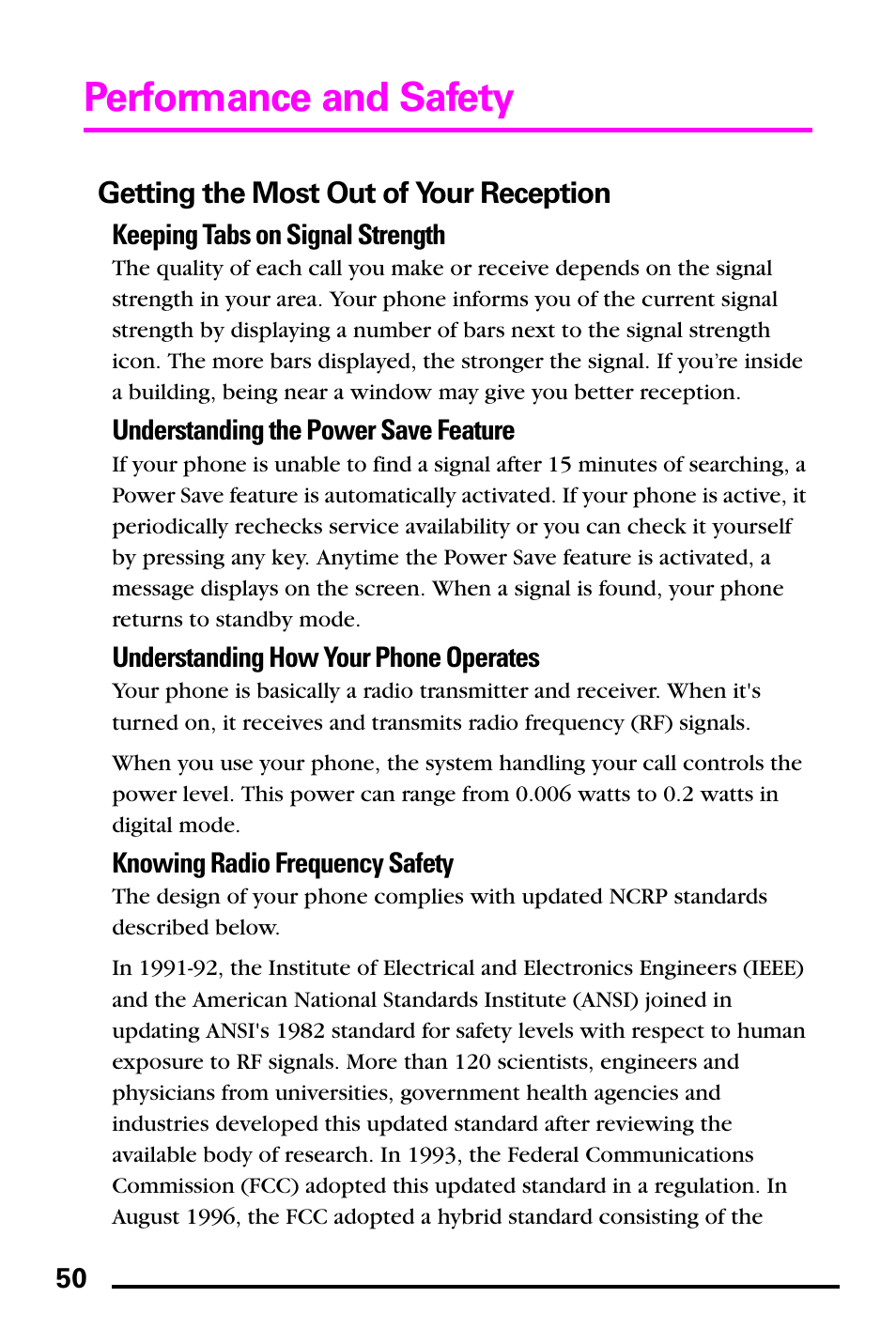 Getting the most out of your reception, Performance and safety, Keeping tabs on signal strength | Understanding the power save feature, Understanding how your phone operates, Knowing radio frequency safety | Samsung PM-A740 User Manual | Page 58 / 94