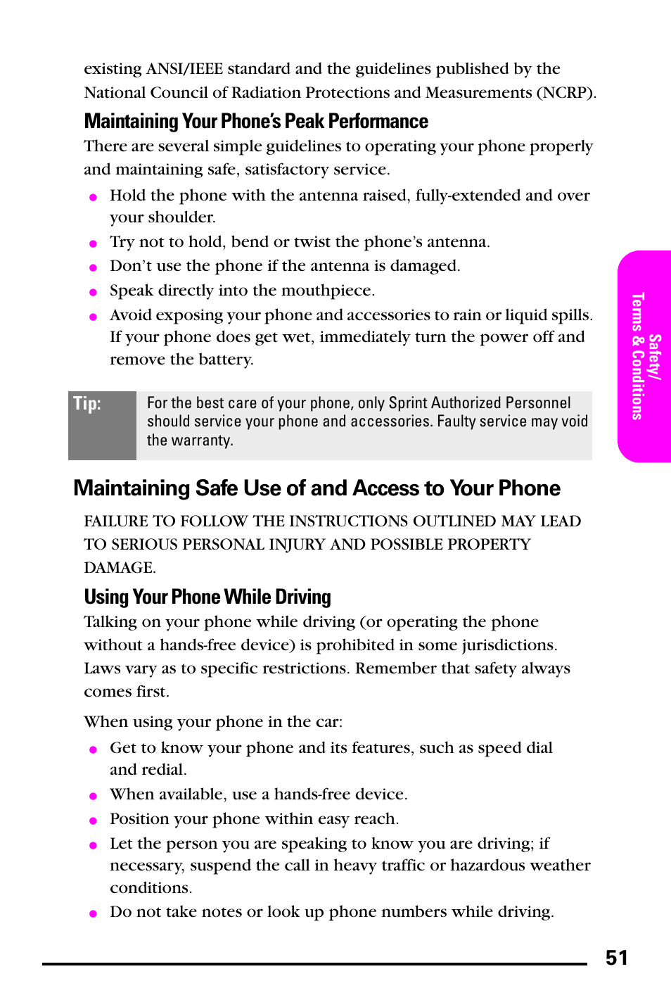 Maintaining safe use of and access to your phone, Maintaining your phone’s peak performance, Using your phone while driving | Samsung PM-A740 User Manual | Page 59 / 94
