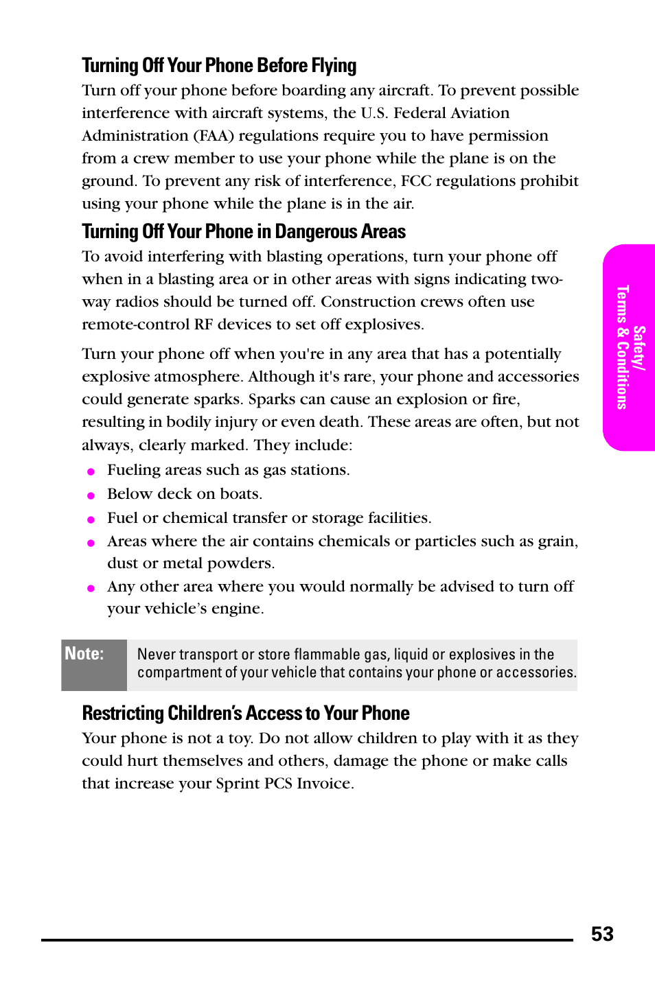 Turning off your phone before flying, Turning off your phone in dangerous areas, Restricting children’s access to your phone | Samsung PM-A740 User Manual | Page 61 / 94
