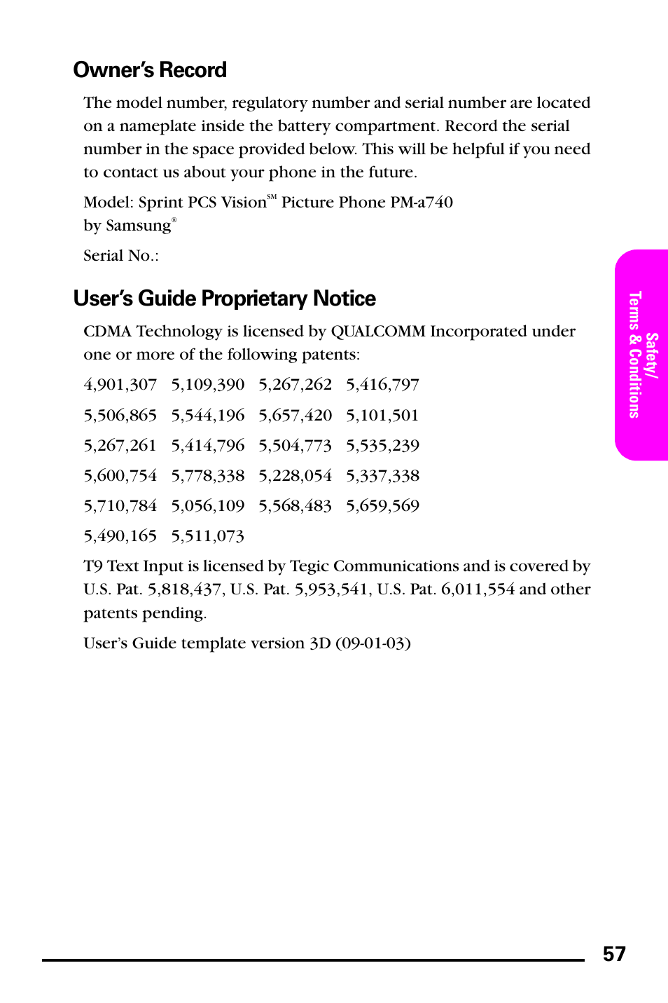 Owner’s record, User’s guide proprietary notice | Samsung PM-A740 User Manual | Page 65 / 94