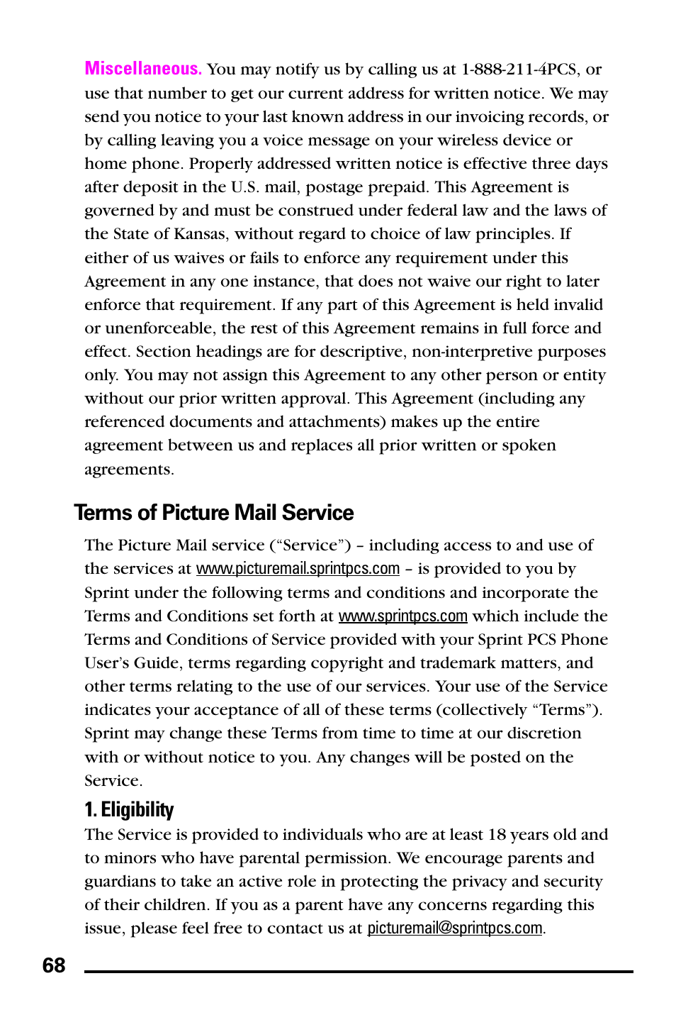 Terms of picture mail service, Eligibility | Samsung PM-A740 User Manual | Page 76 / 94