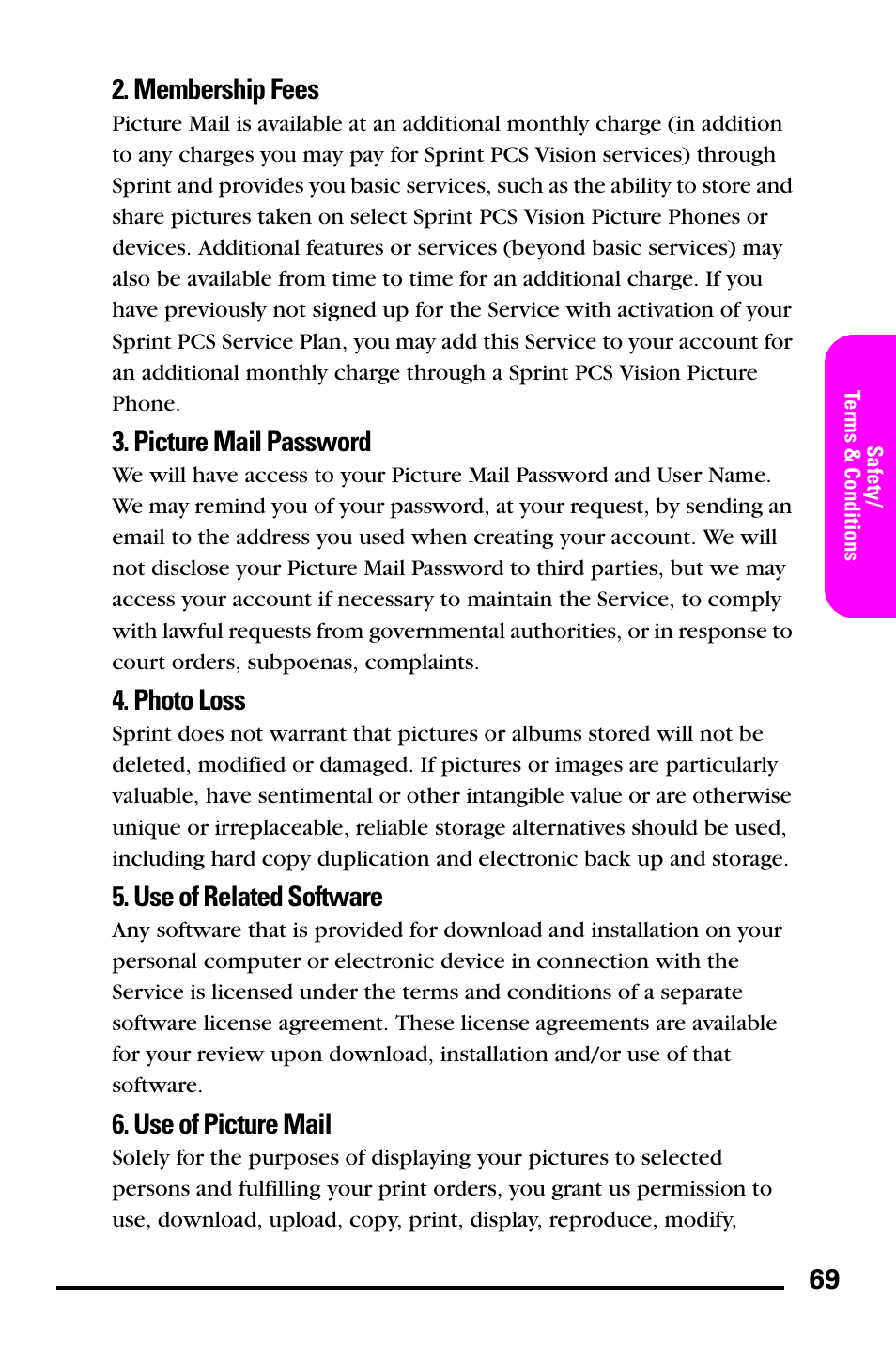 Membership fees, Picture mail password, Photo loss | Use of related software, Use of picture mail | Samsung PM-A740 User Manual | Page 77 / 94