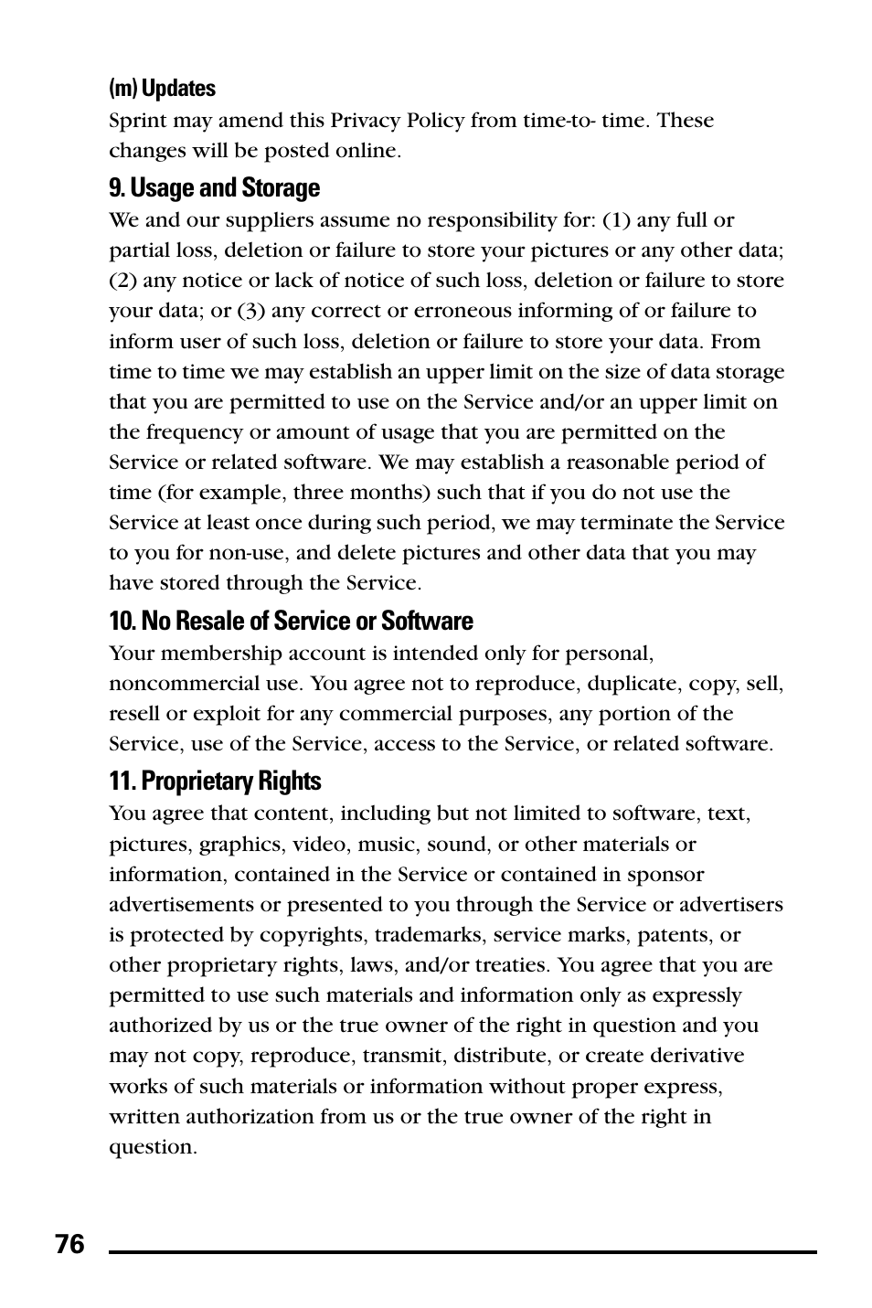 Usage and storage, No resale of service or software, Proprietary rights | Samsung PM-A740 User Manual | Page 84 / 94