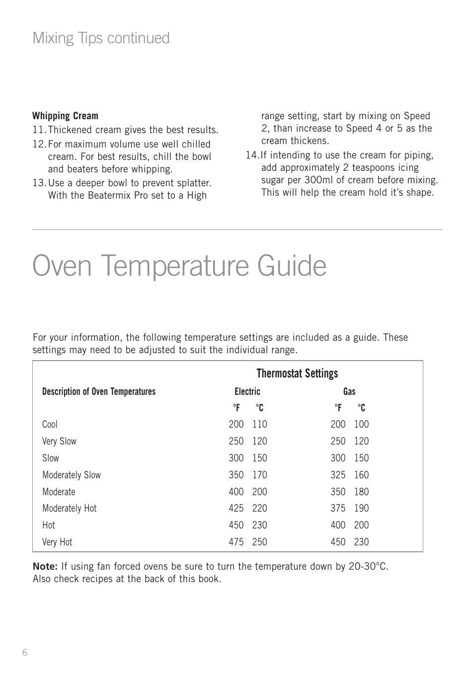 Oven temperature guide, Mixing tips continued, Thermostat settings | Sunbeam JM5900 User Manual | Page 8 / 18