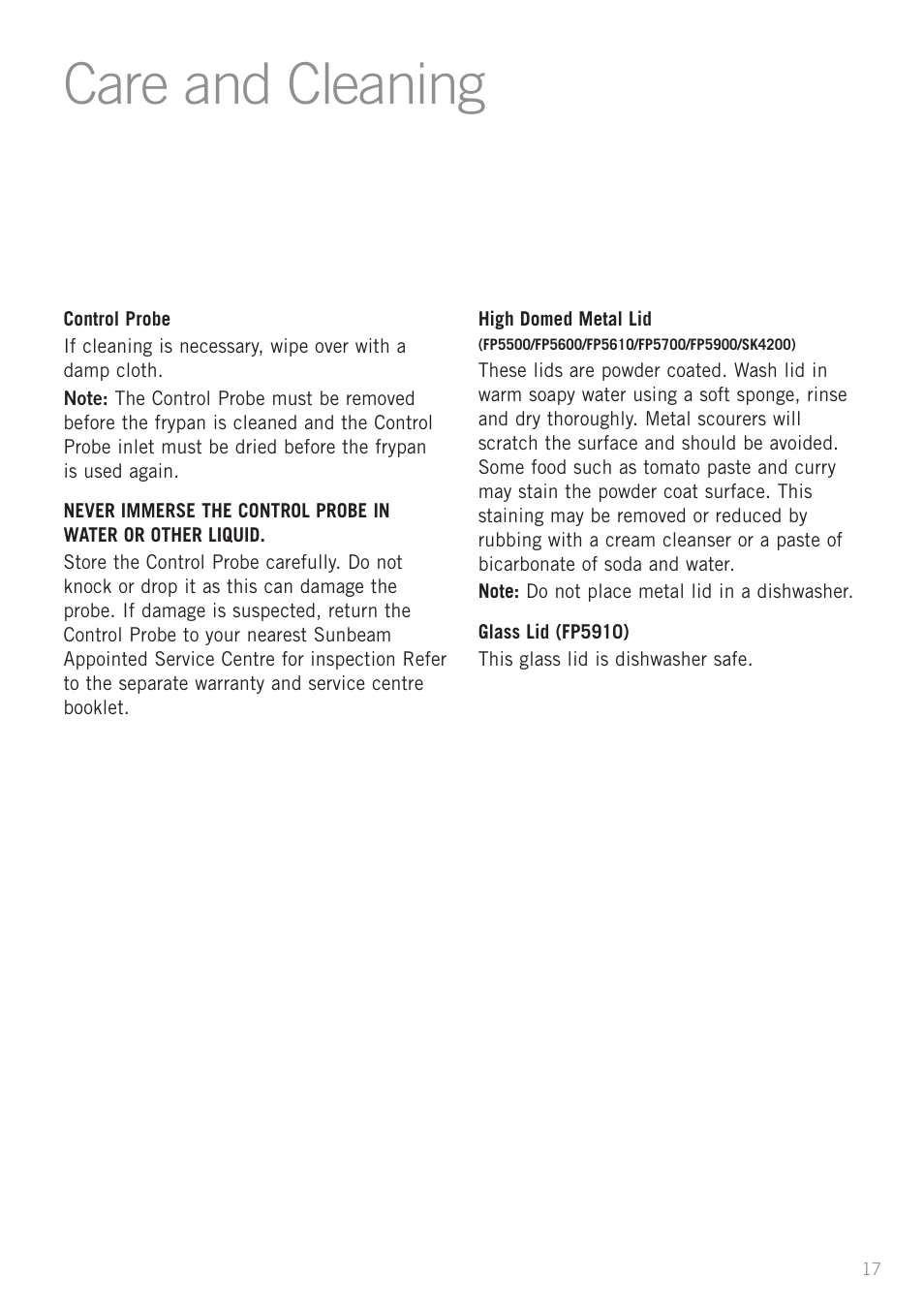 Care and cleaning | Sunbeam FP5500 User Manual | Page 19 / 44