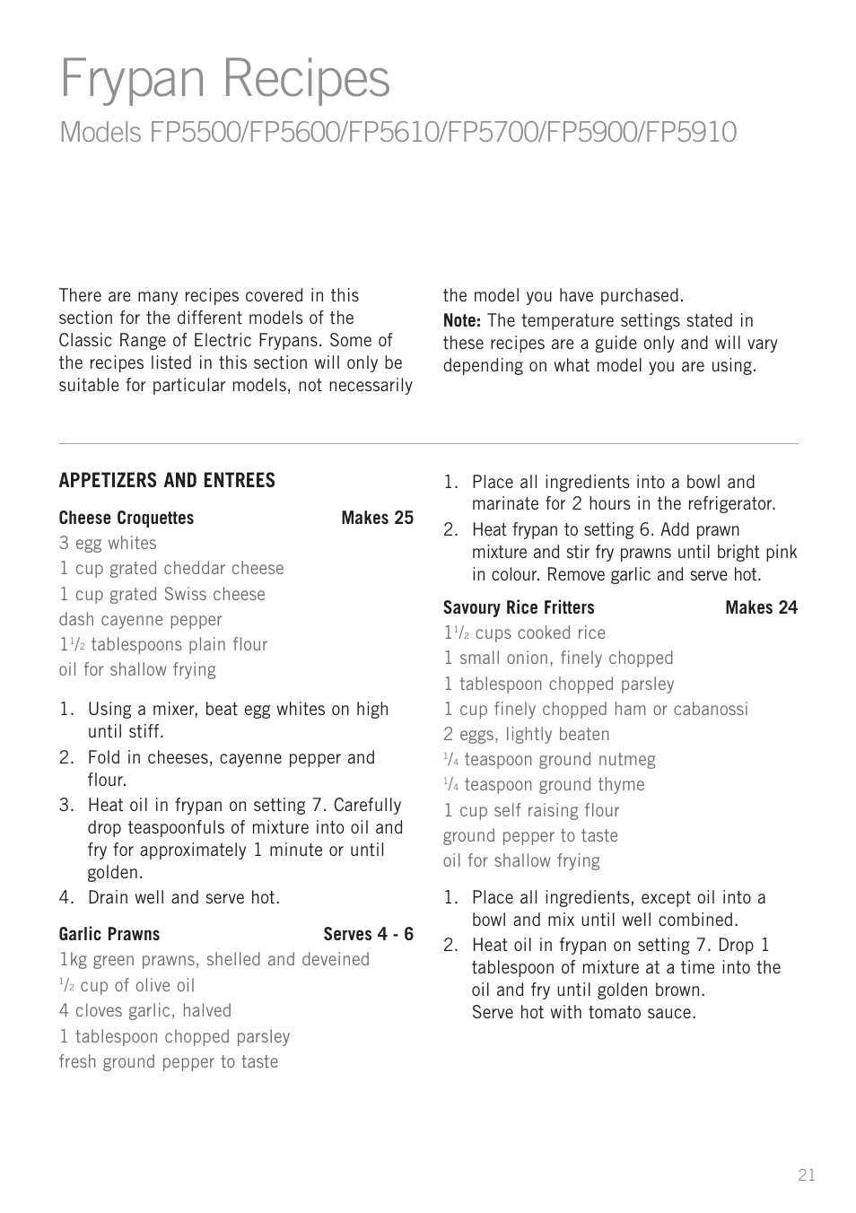 Frypan recipes | Sunbeam FP5500 User Manual | Page 23 / 44