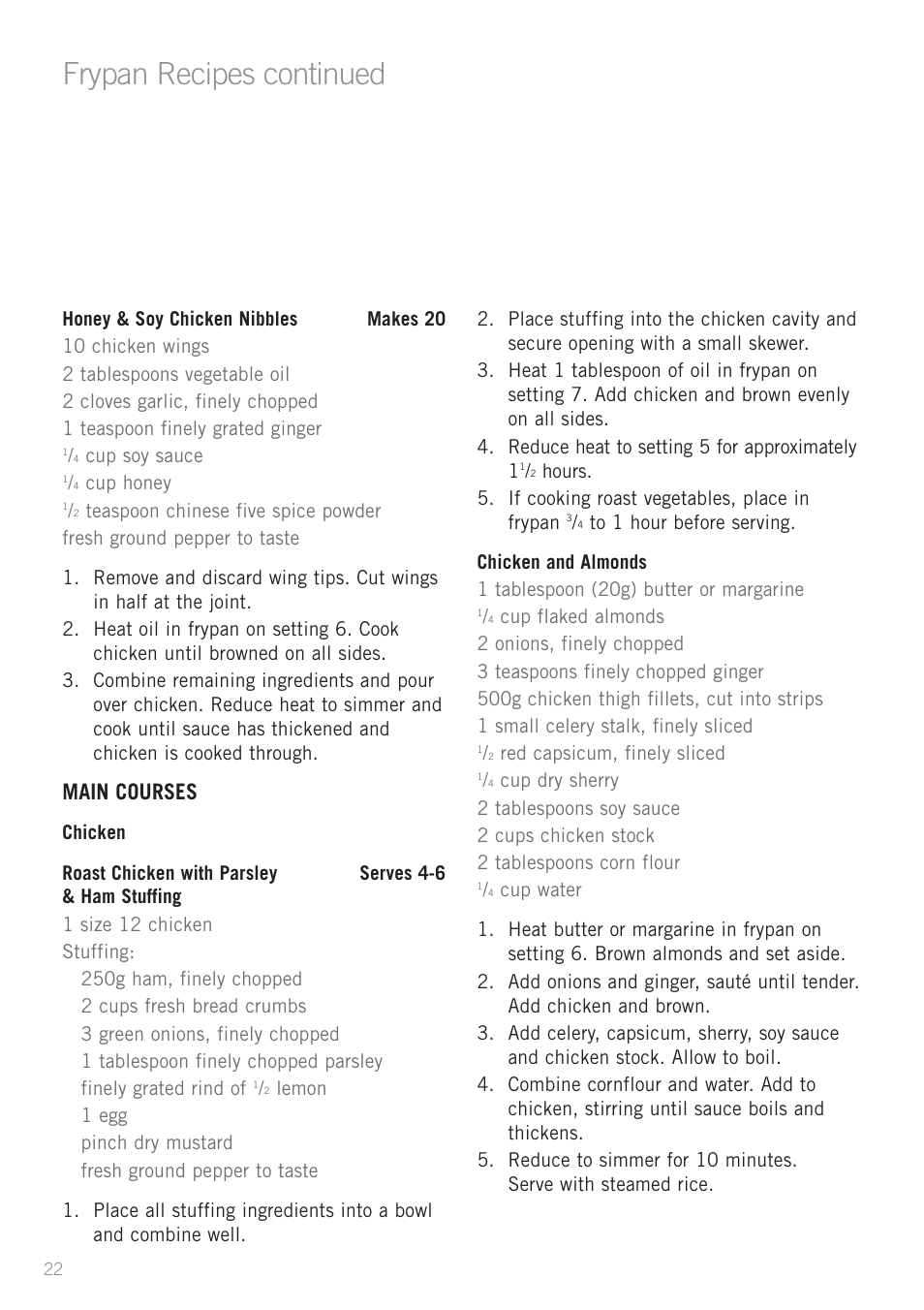 Frypan recipes continued, Main courses | Sunbeam FP5500 User Manual | Page 24 / 44