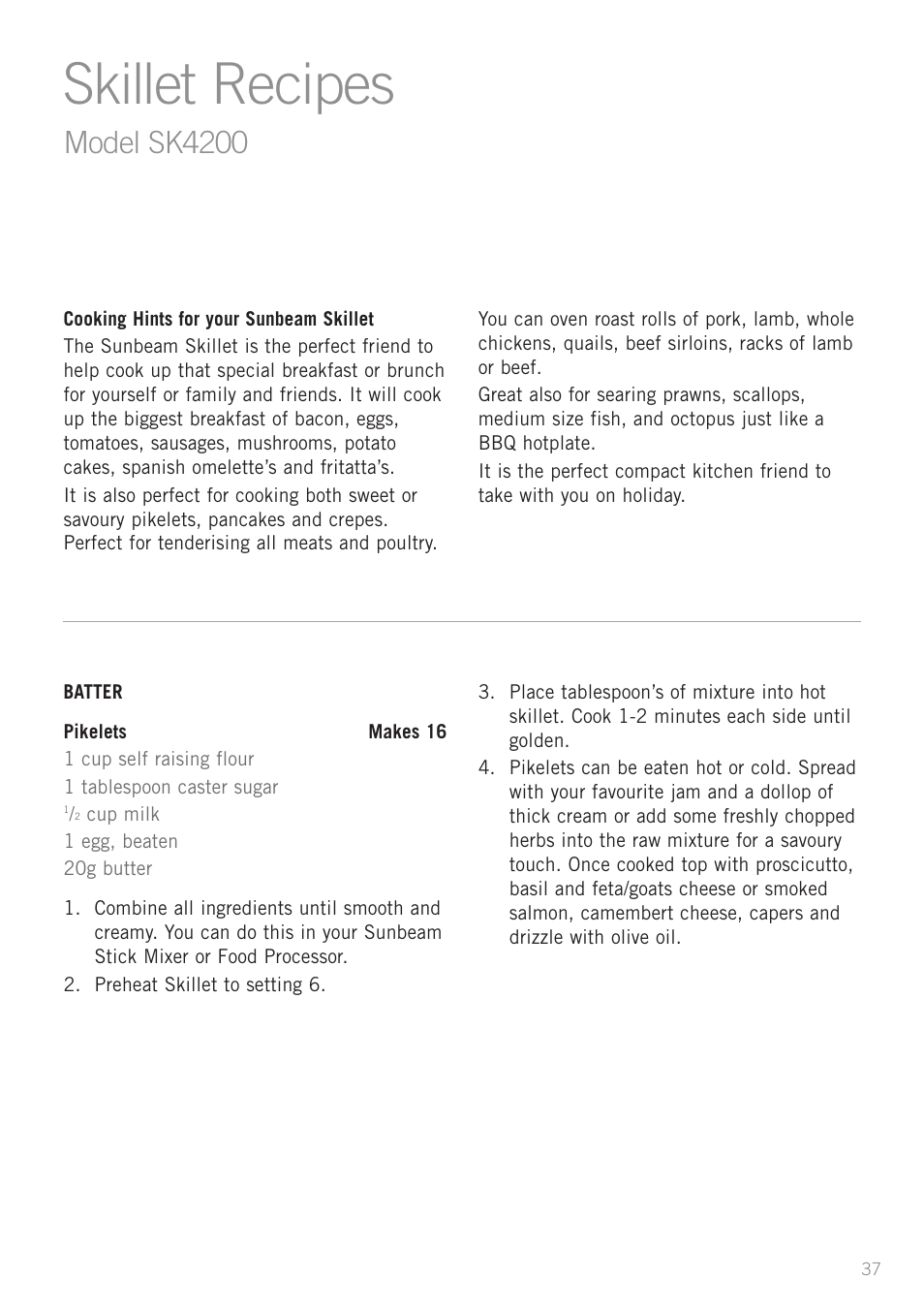 Skillet recipes, Model sk4200 | Sunbeam FP5500 User Manual | Page 39 / 44