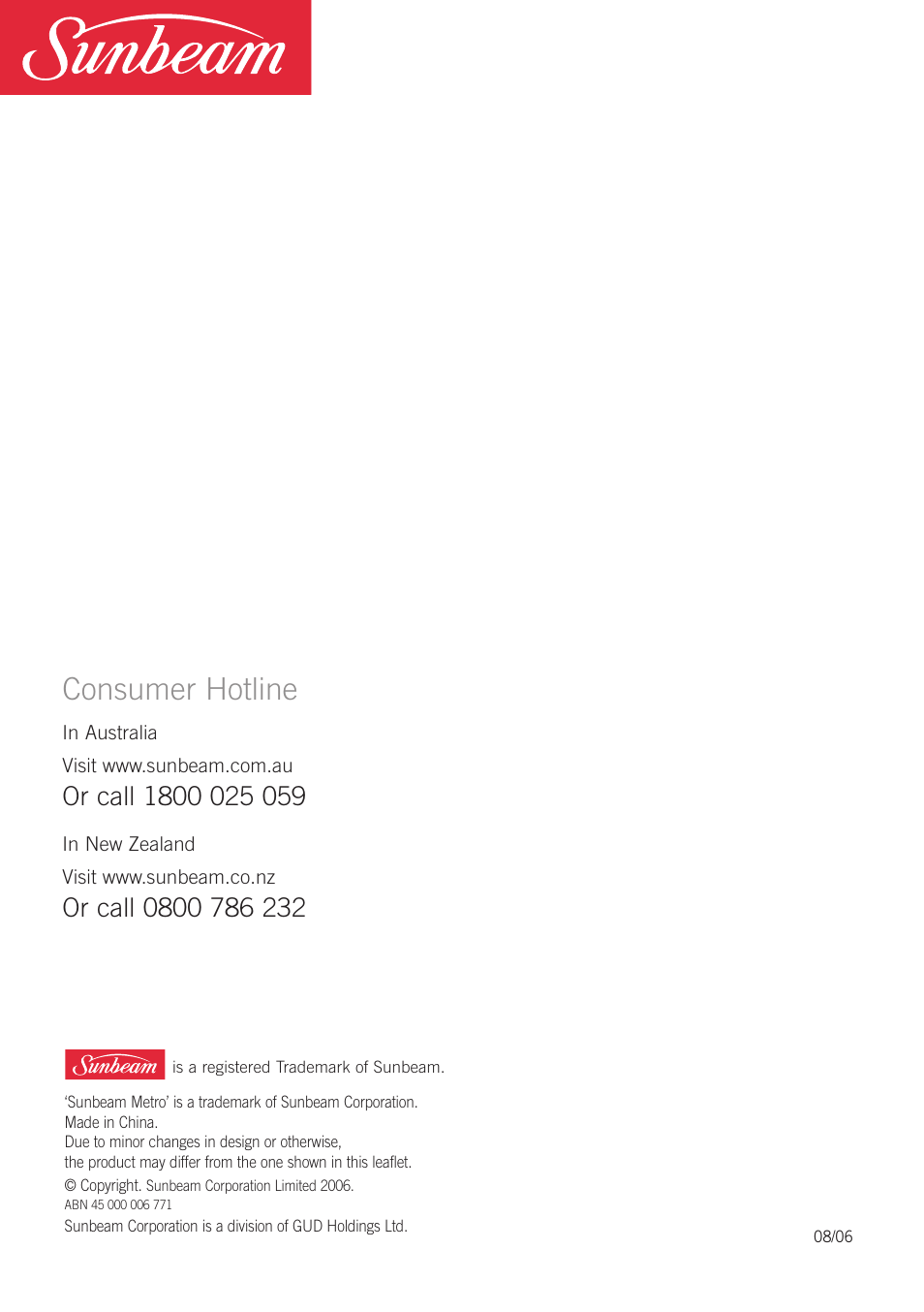 Consumer hotline | Sunbeam TA6450 User Manual | Page 10 / 10