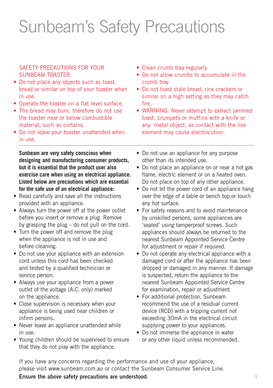 Sunbeam’s safety precautions | Sunbeam TA6450 User Manual | Page 3 / 10