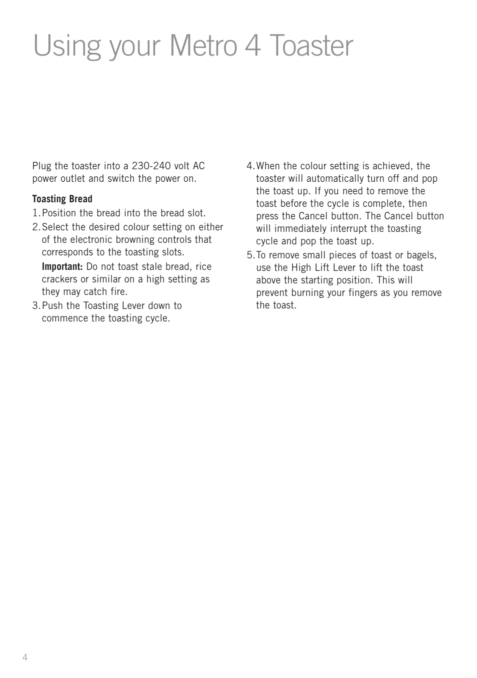 Using your metro 4 toaster | Sunbeam TA6450 User Manual | Page 6 / 10