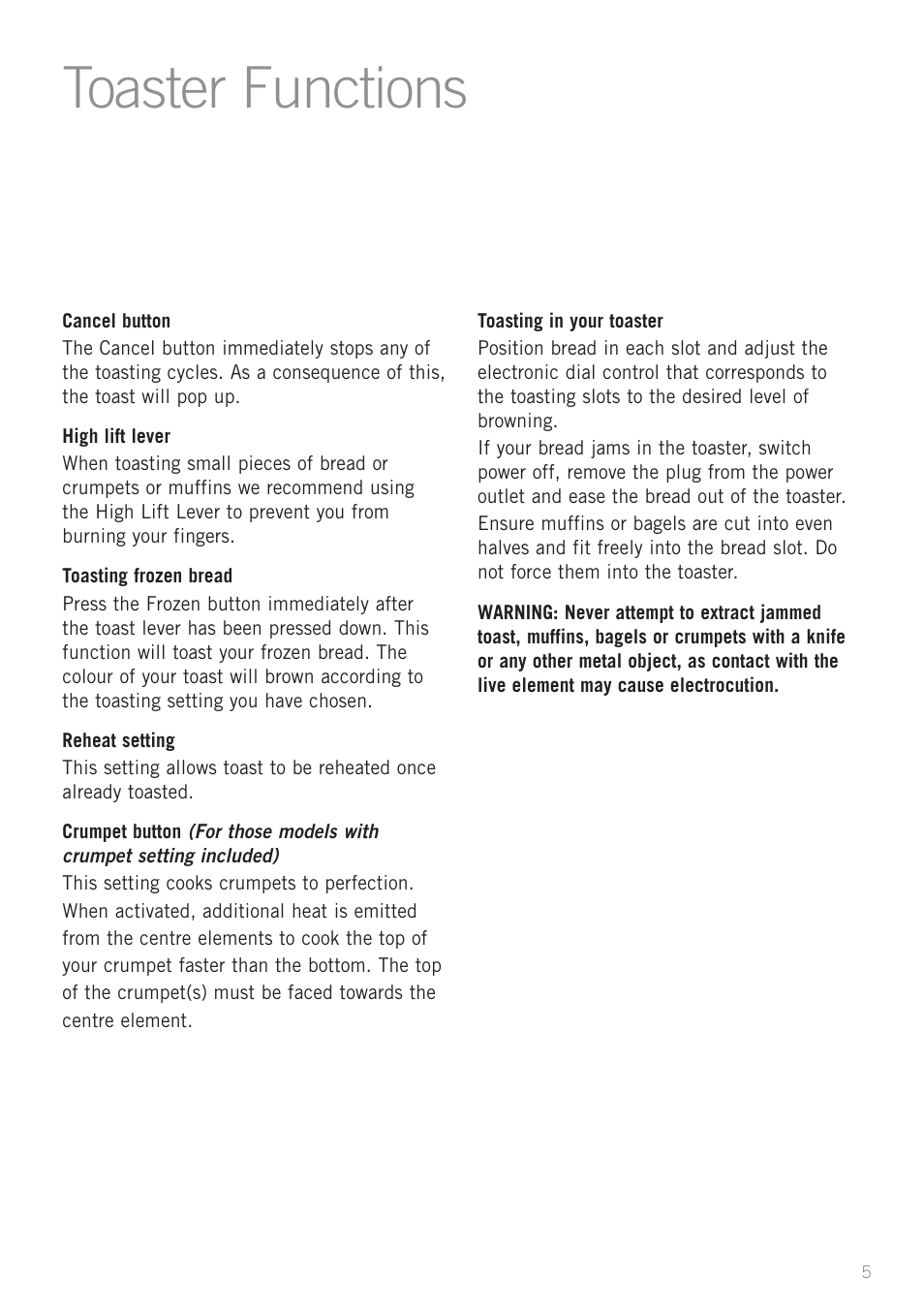 Toaster functions | Sunbeam TA6450 User Manual | Page 7 / 10