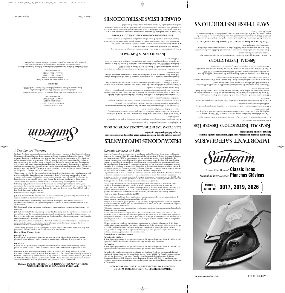 Sunbeam 3019 User Manual | 2 pages