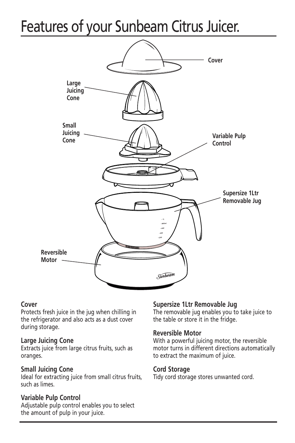 Features of your sunbeam citrus juicer | Sunbeam JE2600 User Manual | Page 3 / 4