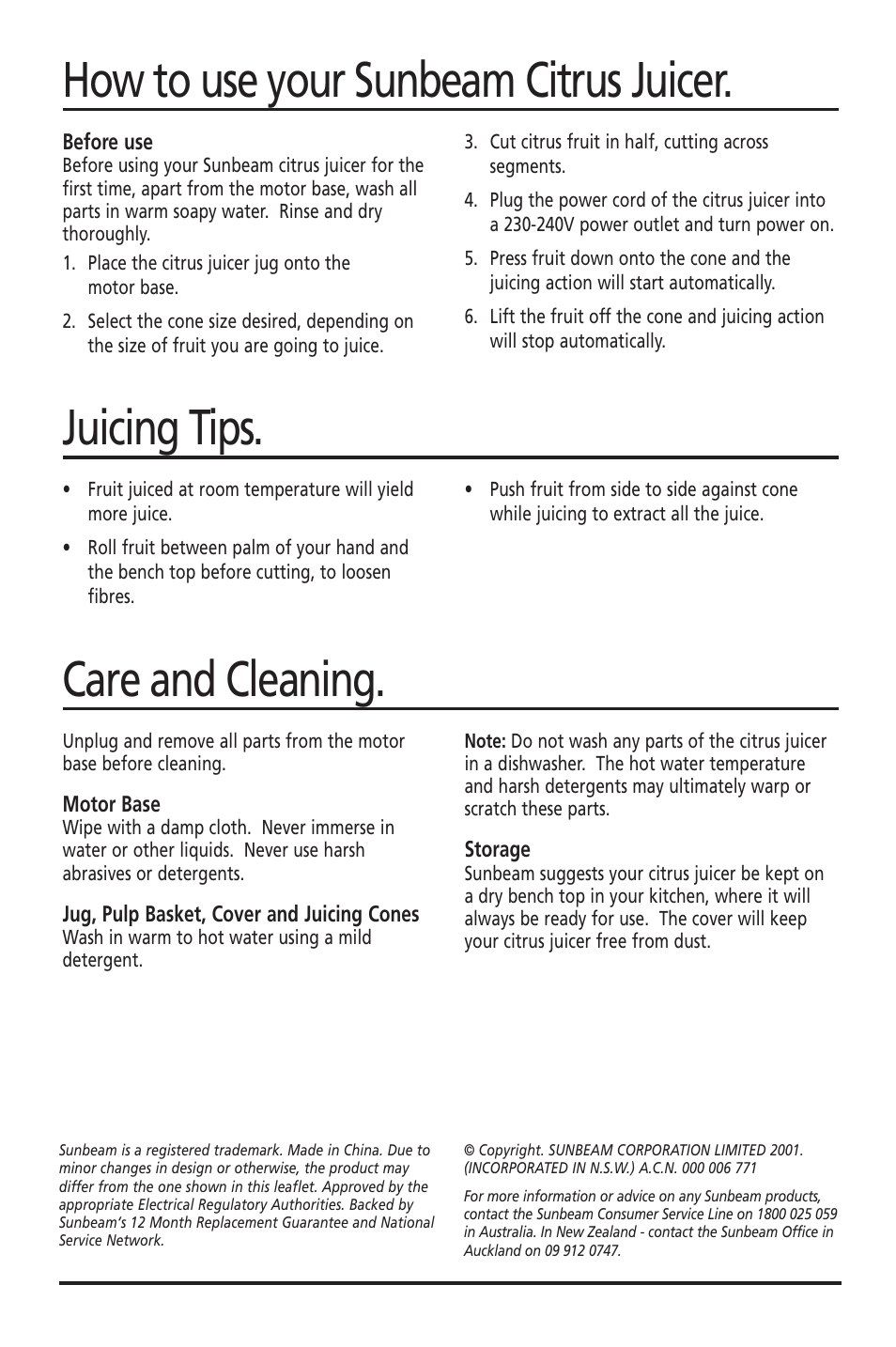 How to use your sunbeam citrus juicer, Juicing tips, Care and cleaning | Sunbeam JE2600 User Manual | Page 4 / 4