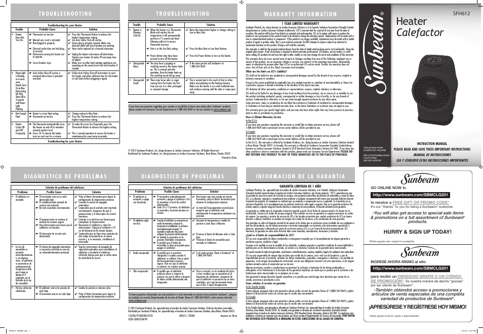 Sunbeam Heater SFH612 User Manual | 2 pages