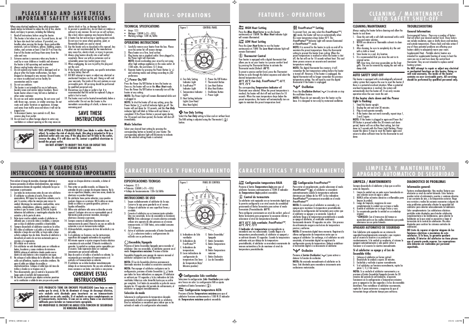 Sunbeam Heater SFH612 User Manual | Page 2 / 2